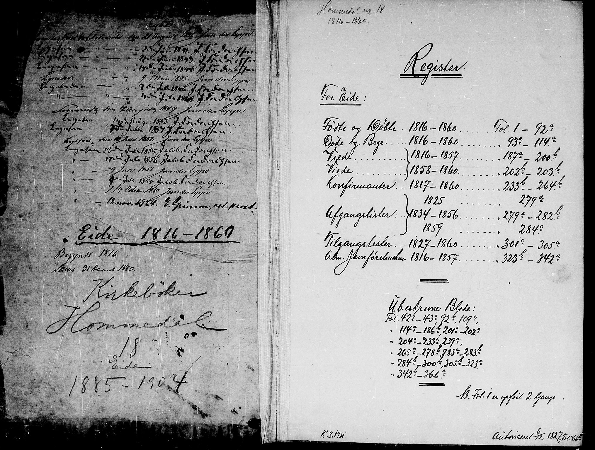Hommedal sokneprestkontor, SAK/1111-0023/F/Fa/Faa/L0001: Parish register (official) no. A 1, 1816-1860