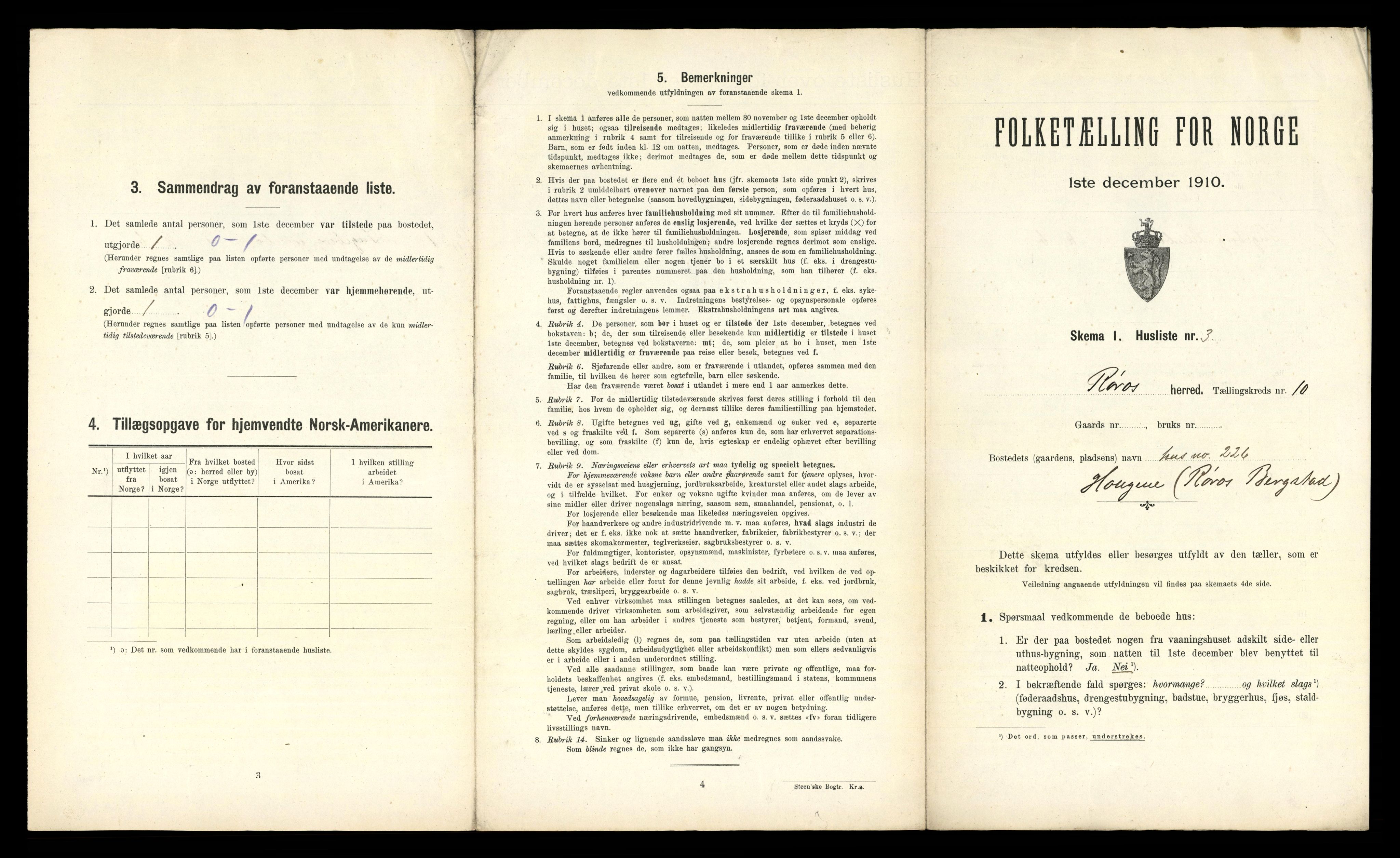 RA, 1910 census for Røros, 1910, p. 1185