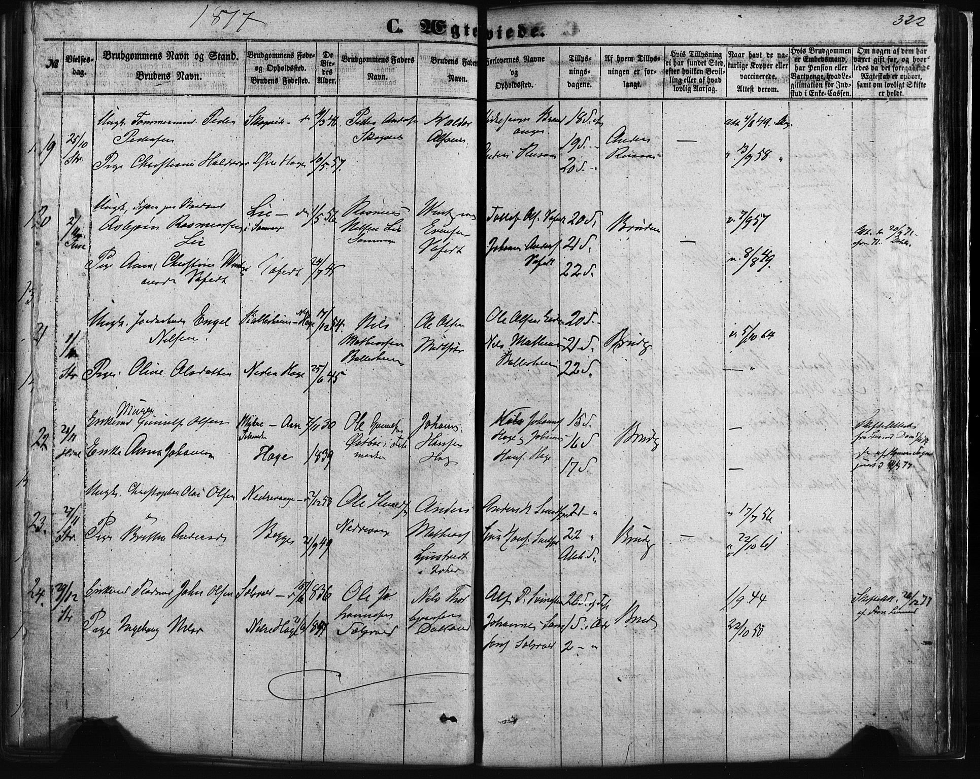 Fusa sokneprestembete, AV/SAB-A-75401/H/Haa: Parish register (official) no. A 1I, 1855-1879, p. 322