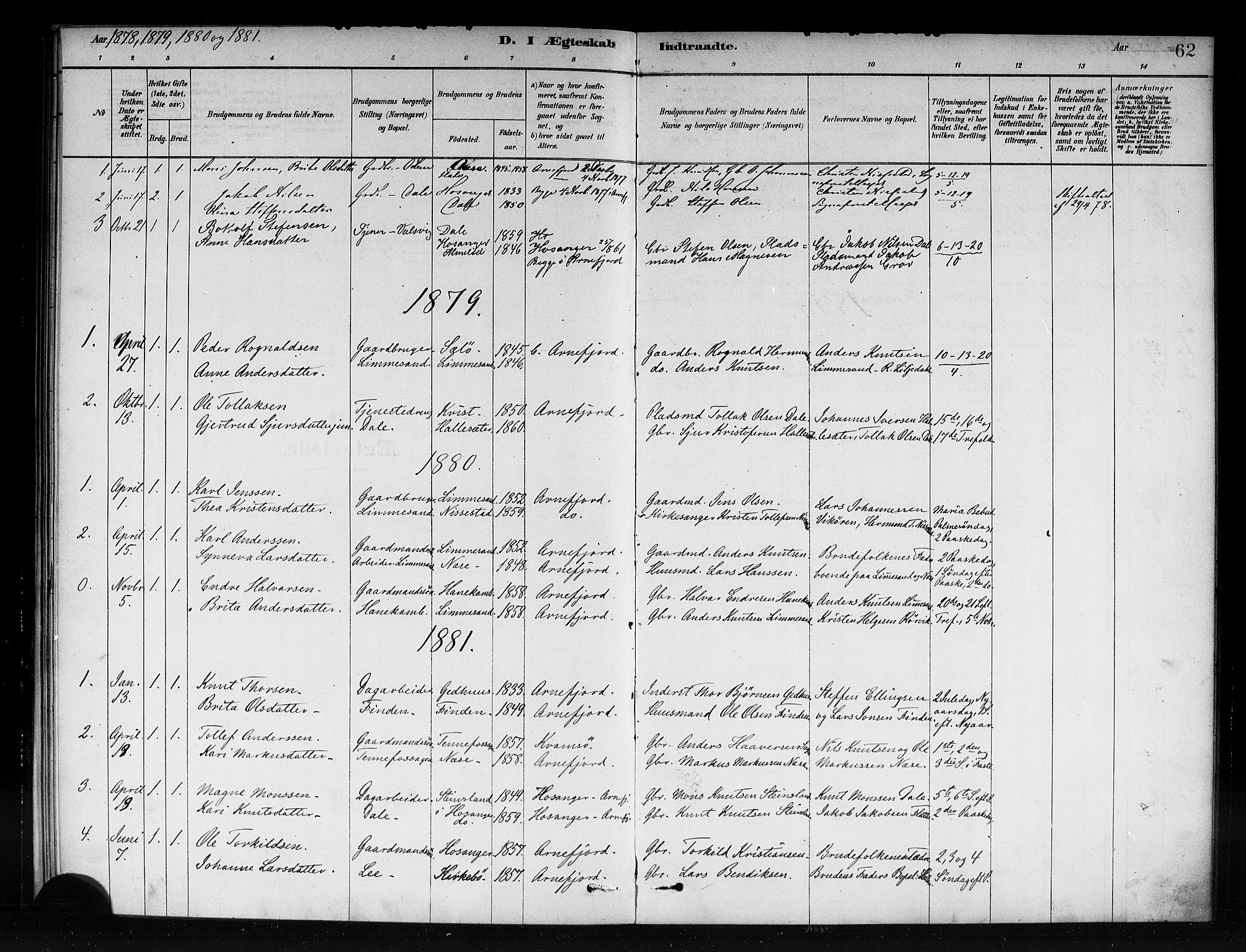 Vik sokneprestembete, AV/SAB-A-81501/H/Haa/Haac/L0001: Parish register (official) no. C 1, 1878-1890, p. 62