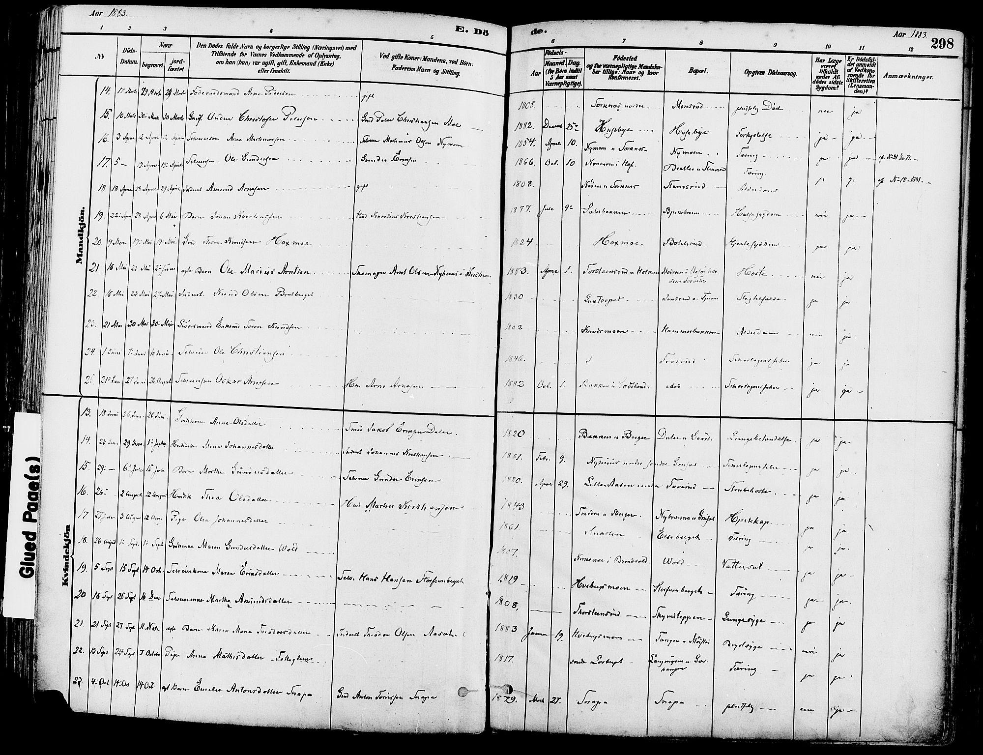 Grue prestekontor, AV/SAH-PREST-036/H/Ha/Haa/L0012: Parish register (official) no. 12, 1881-1897, p. 298