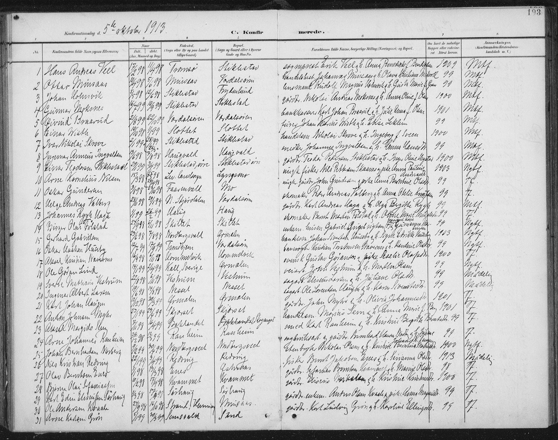 Ministerialprotokoller, klokkerbøker og fødselsregistre - Nord-Trøndelag, SAT/A-1458/723/L0246: Parish register (official) no. 723A15, 1900-1917, p. 193