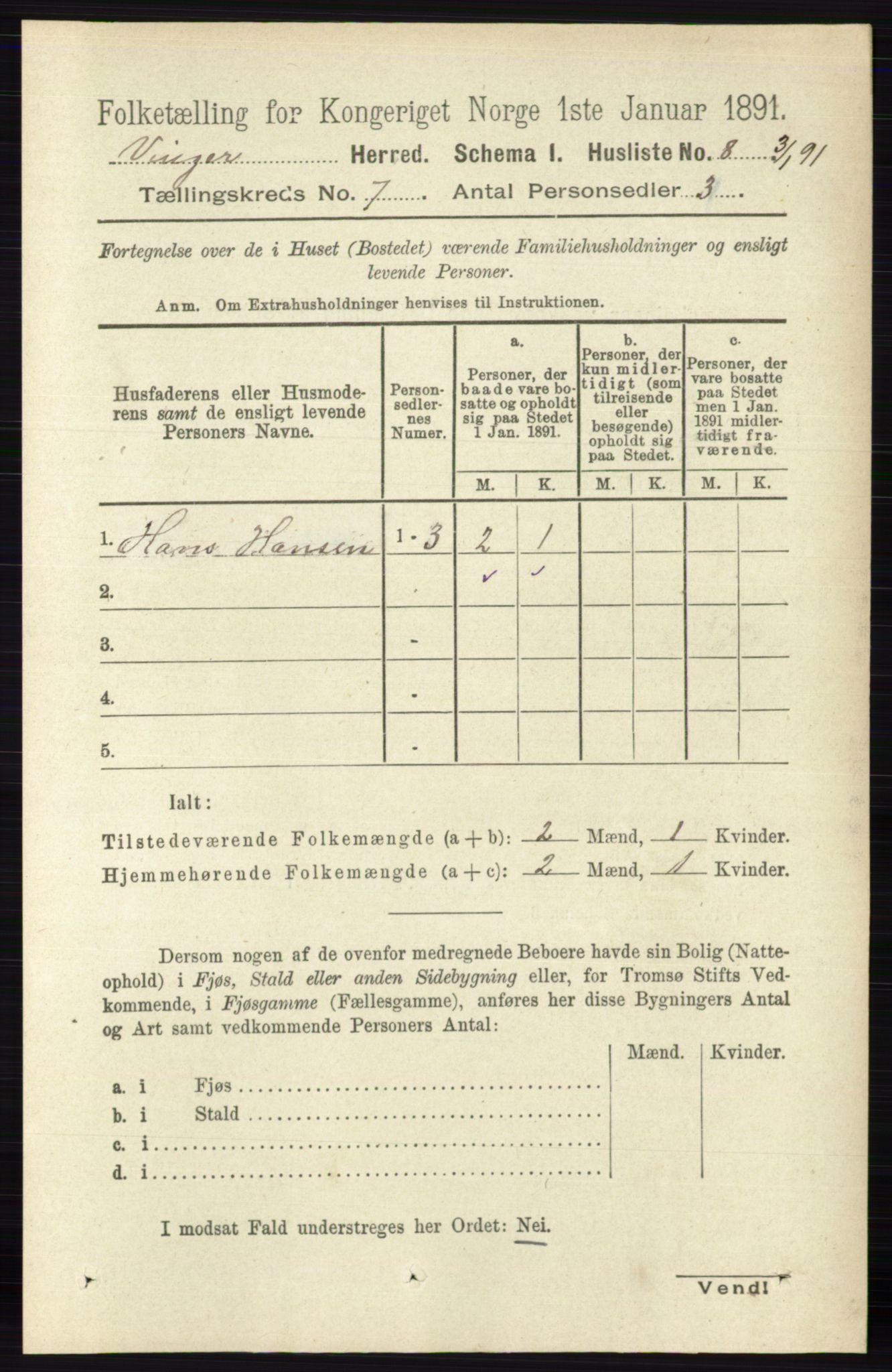 RA, 1891 census for 0421 Vinger, 1891, p. 3182