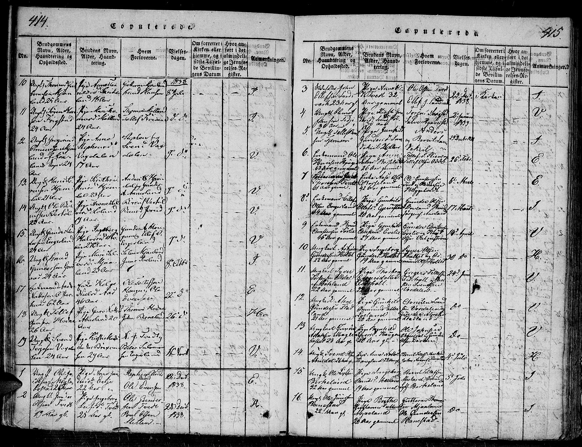 Evje sokneprestkontor, SAK/1111-0008/F/Fa/Faa/L0004: Parish register (official) no. A 4, 1816-1840, p. 414-415