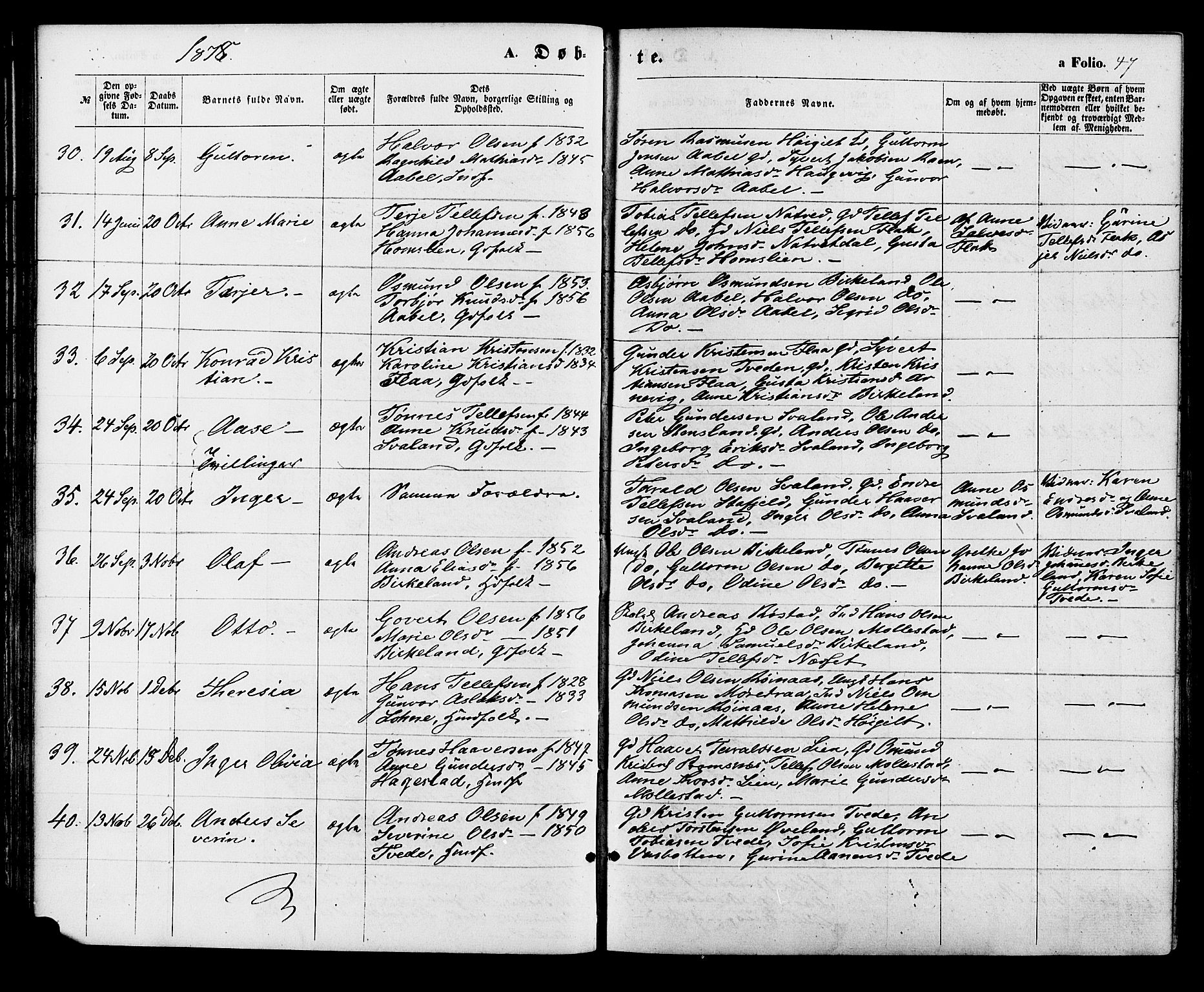 Birkenes sokneprestkontor, AV/SAK-1111-0004/F/Fa/L0004: Parish register (official) no. A 4, 1867-1886, p. 47