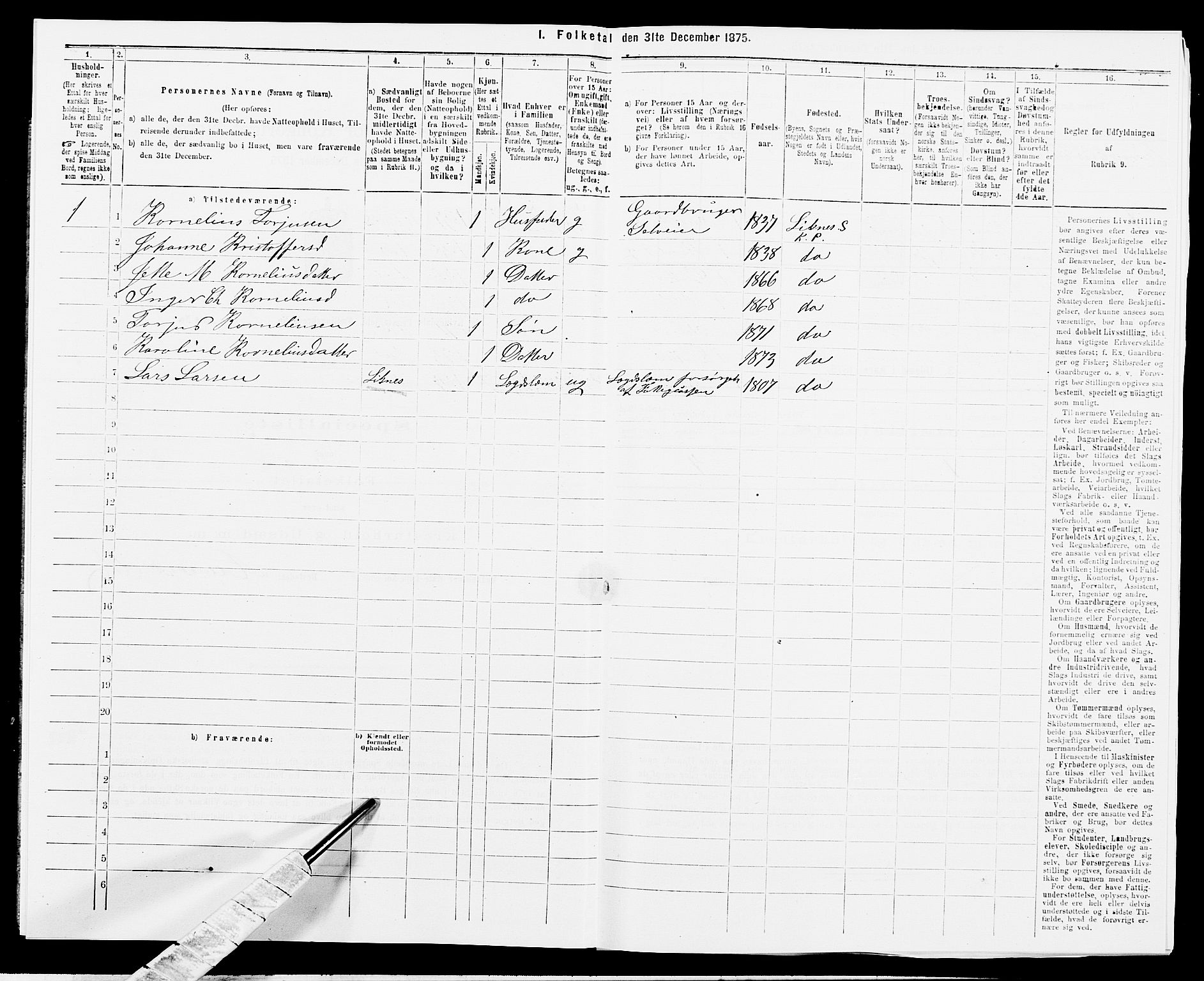 SAK, 1875 census for 1037P Kvinesdal, 1875, p. 1093