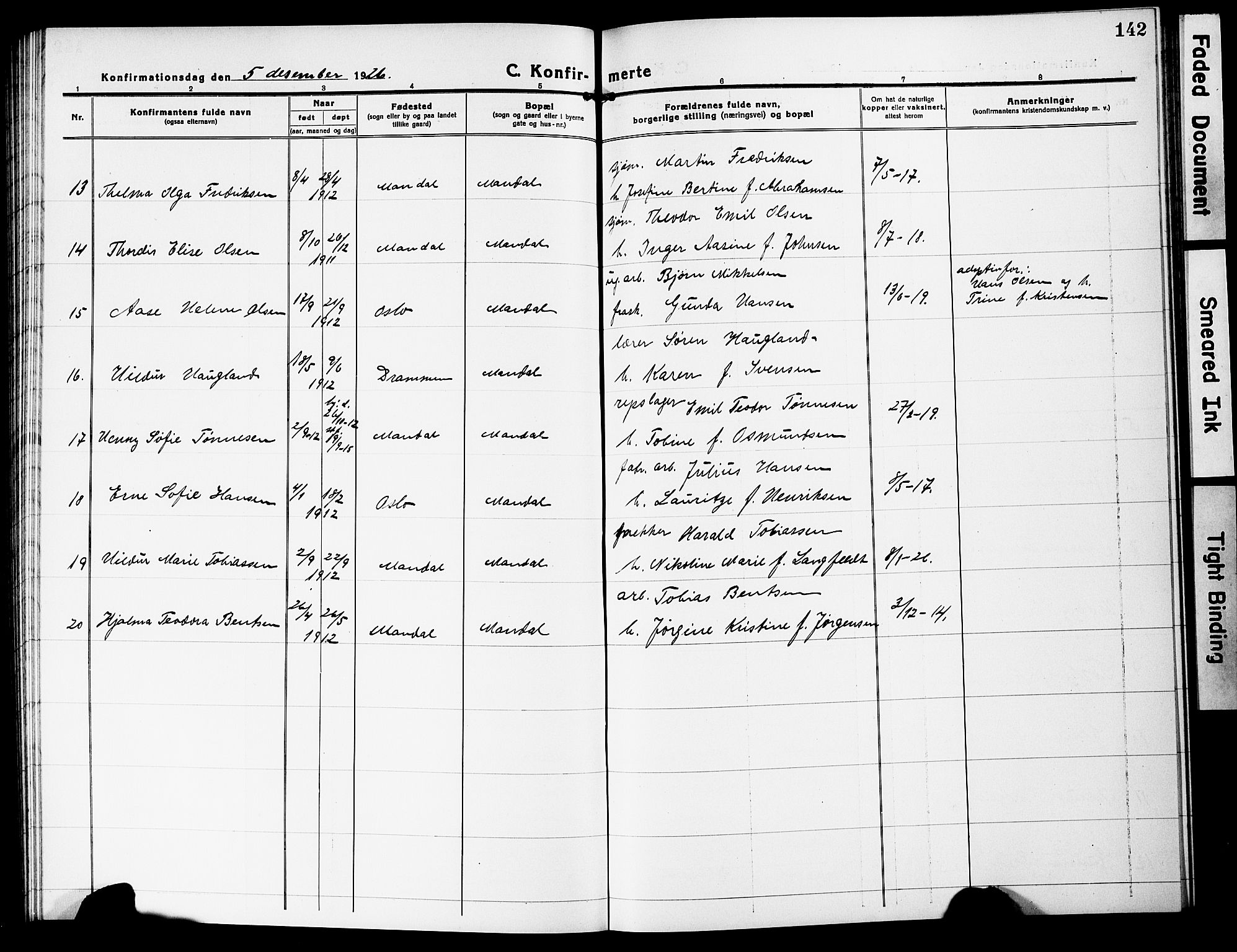 Mandal sokneprestkontor, AV/SAK-1111-0030/F/Fb/Fbc/L0001: Parish register (copy) no. B 1, 1918-1931, p. 142