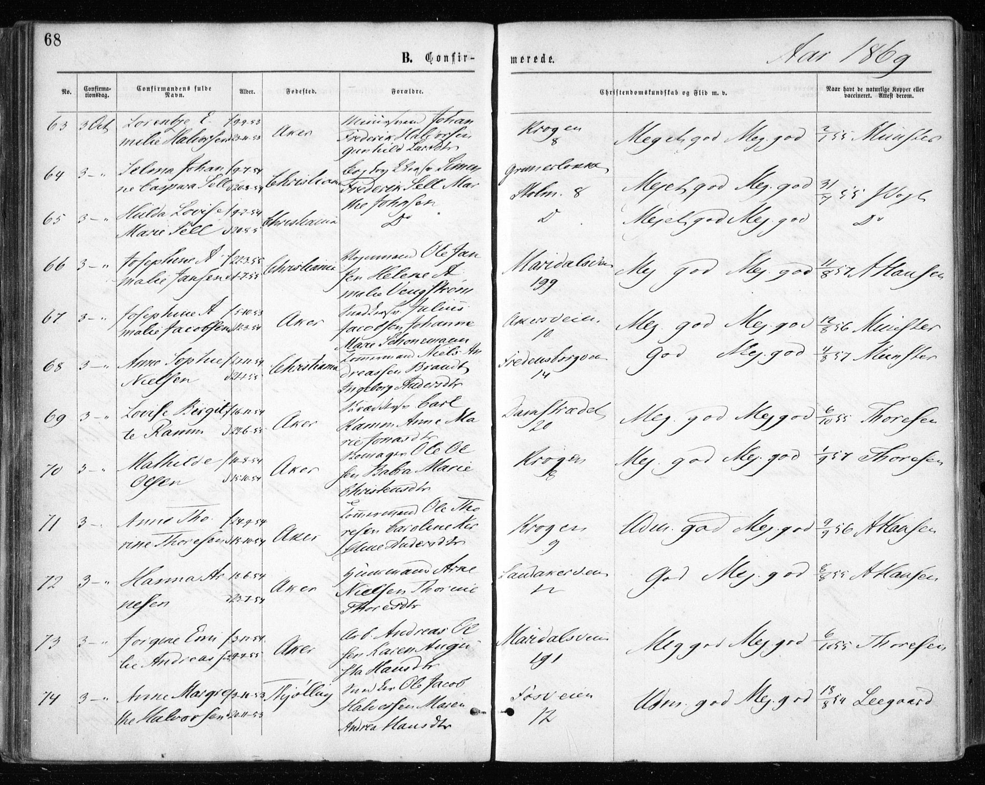 Gamle Aker prestekontor Kirkebøker, AV/SAO-A-10617a/F/L0003: Parish register (official) no. 3, 1865-1873, p. 68