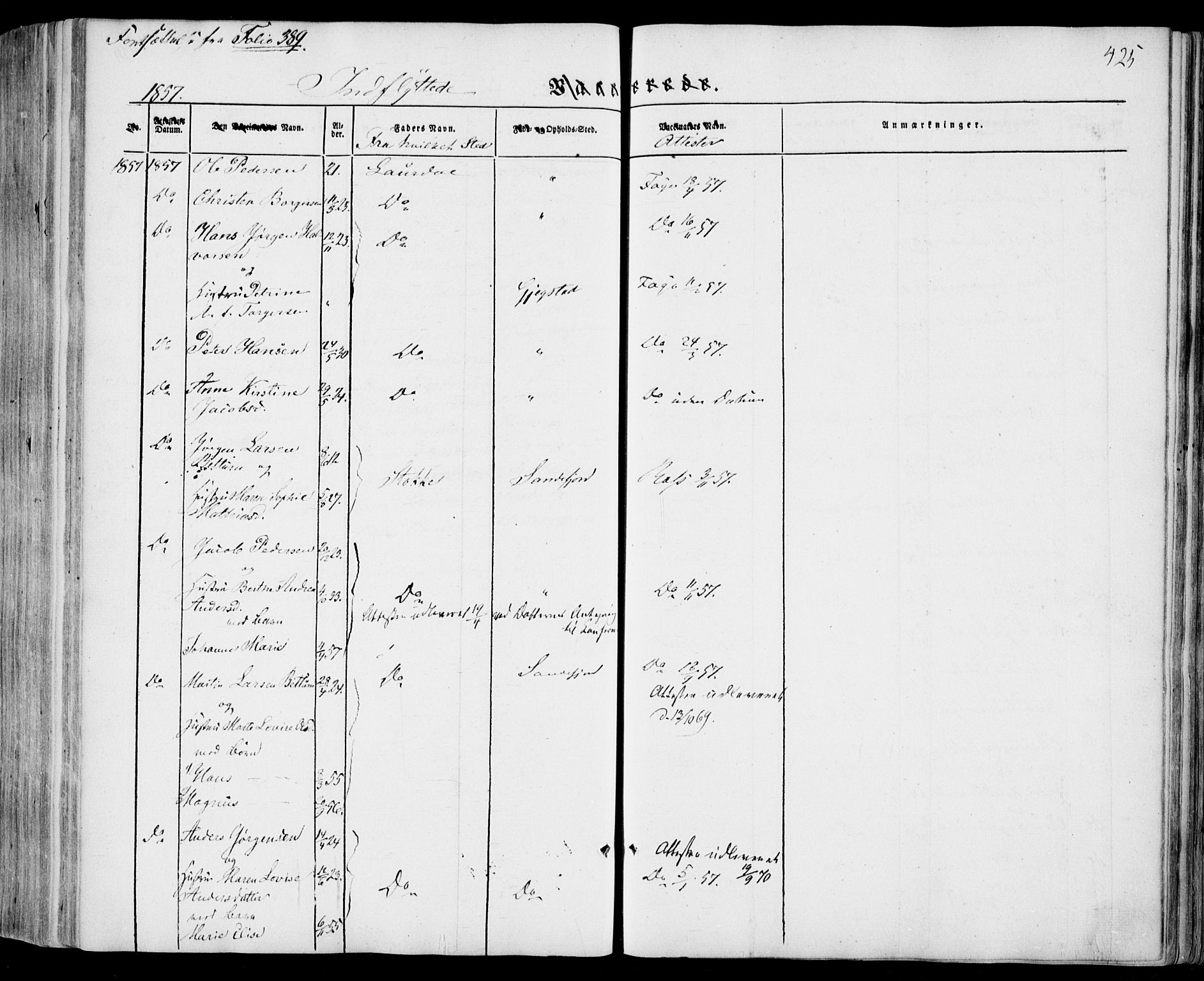 Sandar kirkebøker, AV/SAKO-A-243/F/Fa/L0006: Parish register (official) no. 6, 1847-1860, p. 425