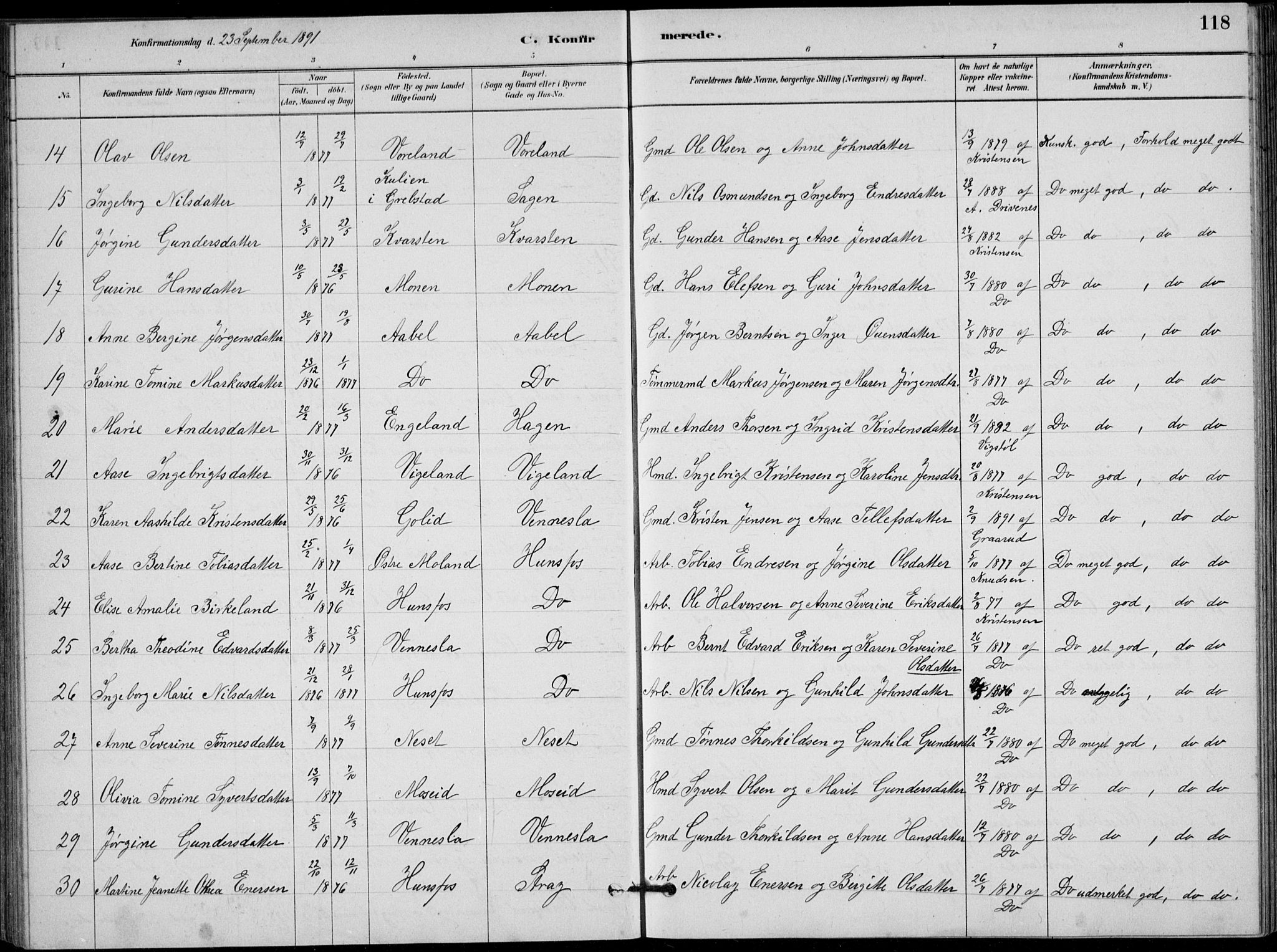 Vennesla sokneprestkontor, AV/SAK-1111-0045/Fb/Fbb/L0003: Parish register (copy) no. B 3, 1879-1893, p. 118