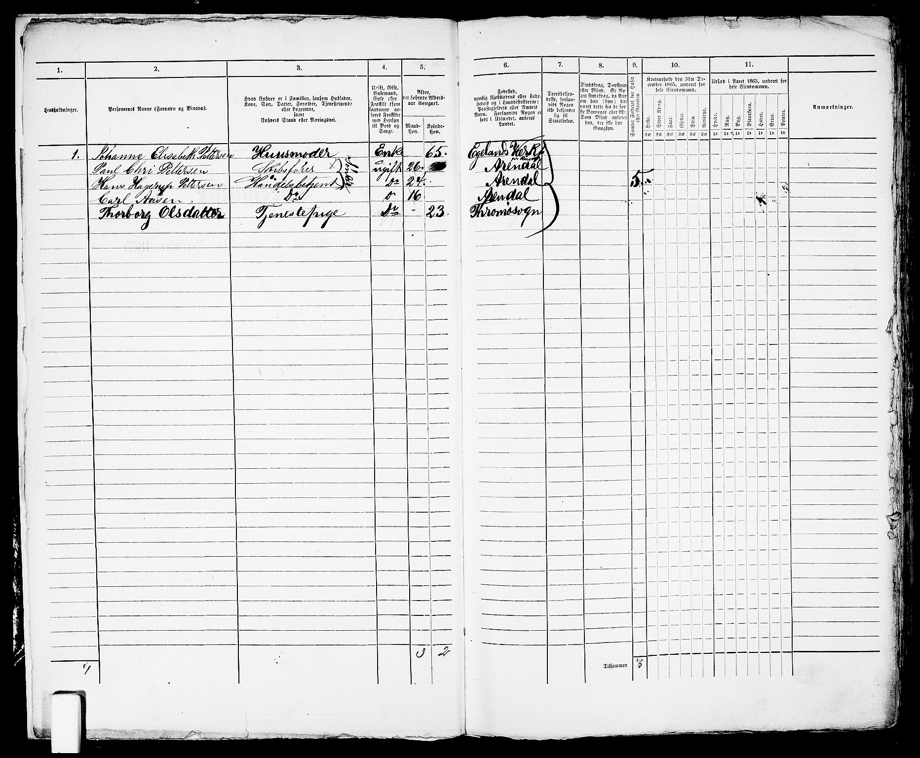 RA, 1865 census for Arendal, 1865, p. 6