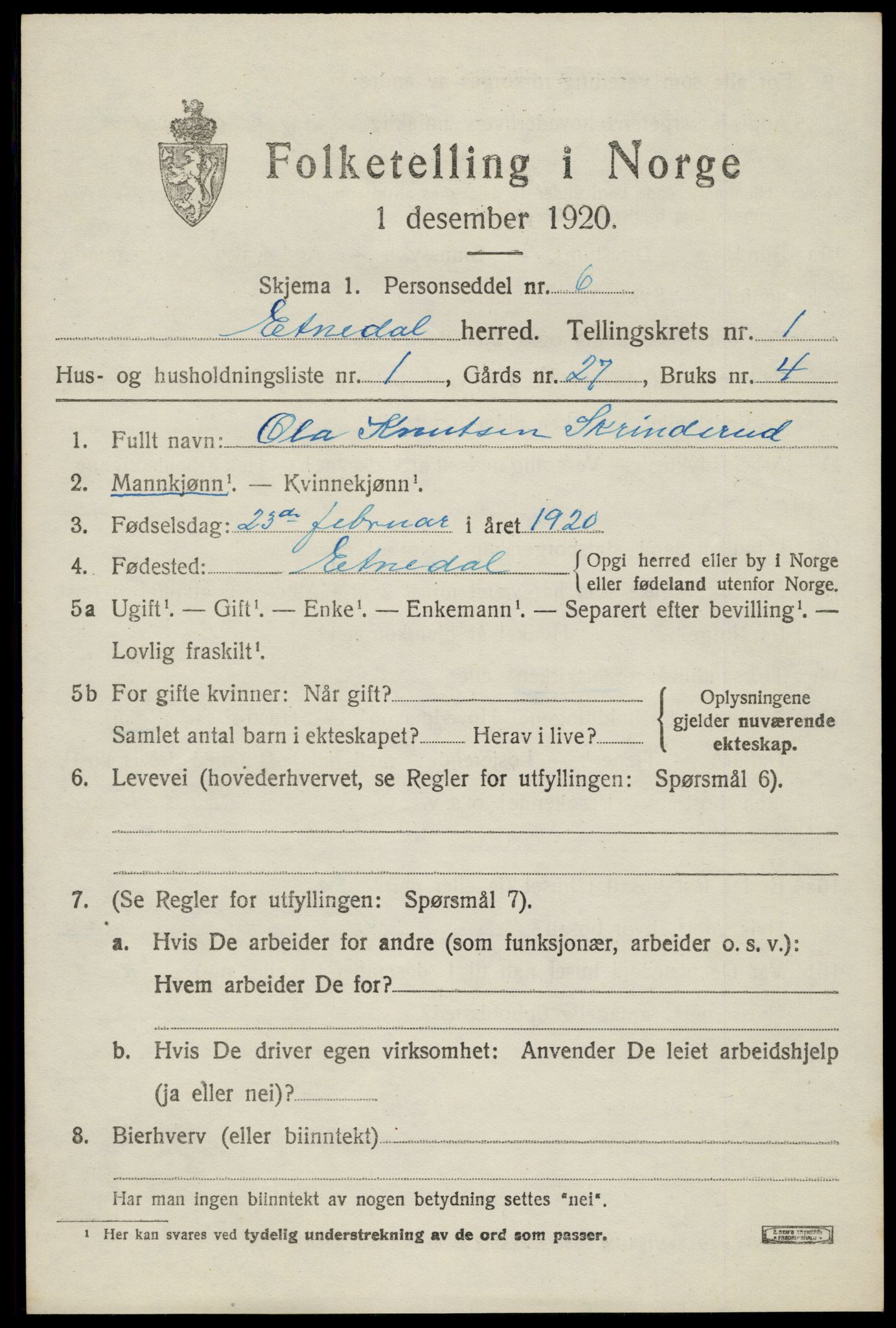 SAH, 1920 census for Etnedal, 1920, p. 800