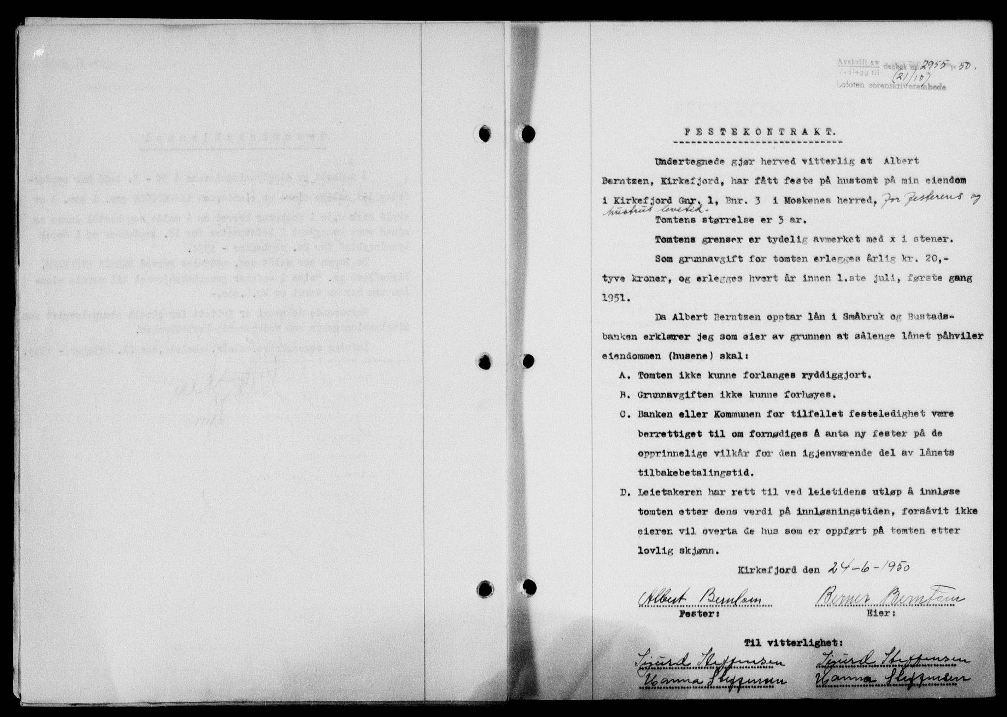 Lofoten sorenskriveri, SAT/A-0017/1/2/2C/L0024a: Mortgage book no. 24a, 1950-1950, Diary no: : 2955/1950