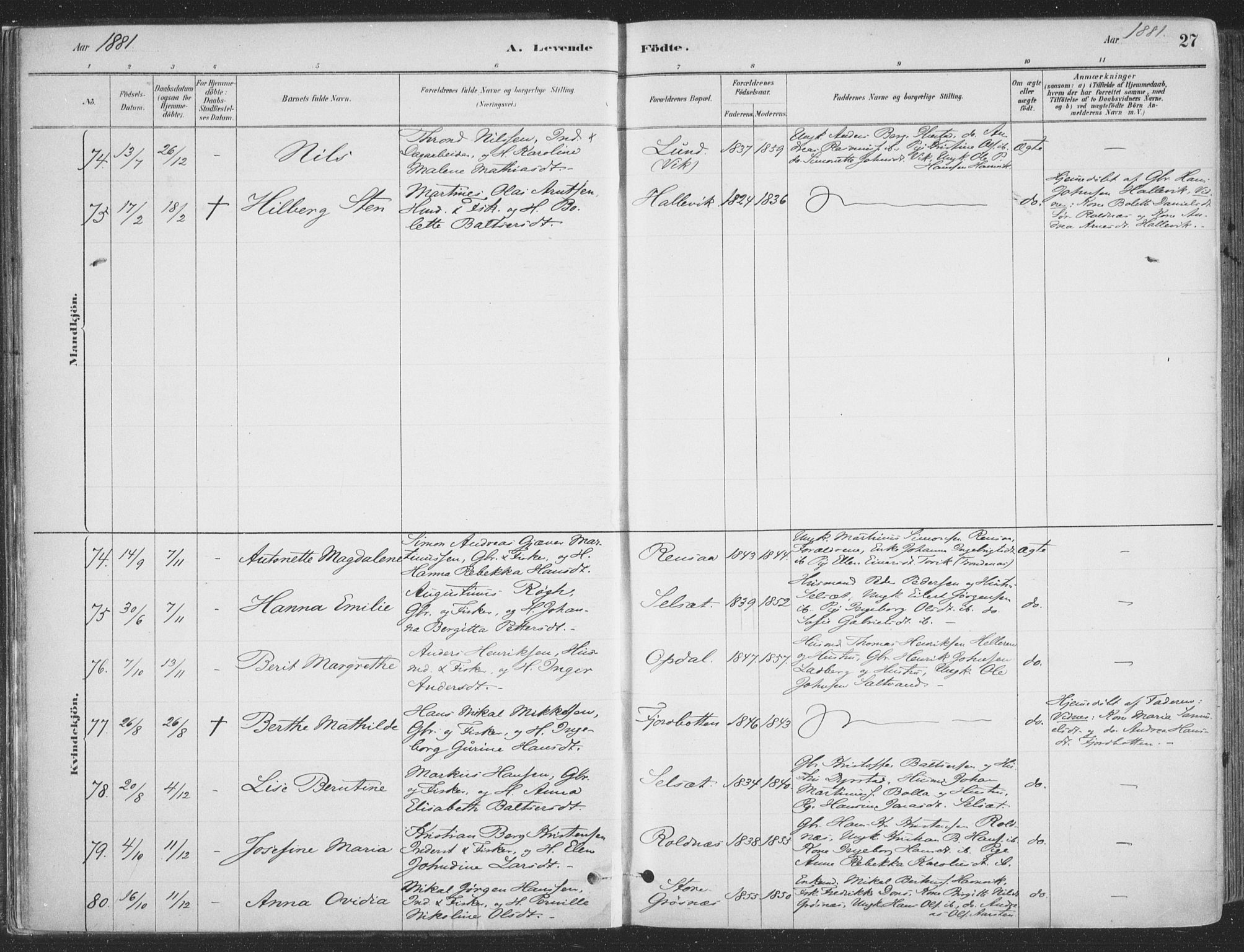 Ibestad sokneprestembete, SATØ/S-0077/H/Ha/Haa/L0011kirke: Parish register (official) no. 11, 1880-1889, p. 27