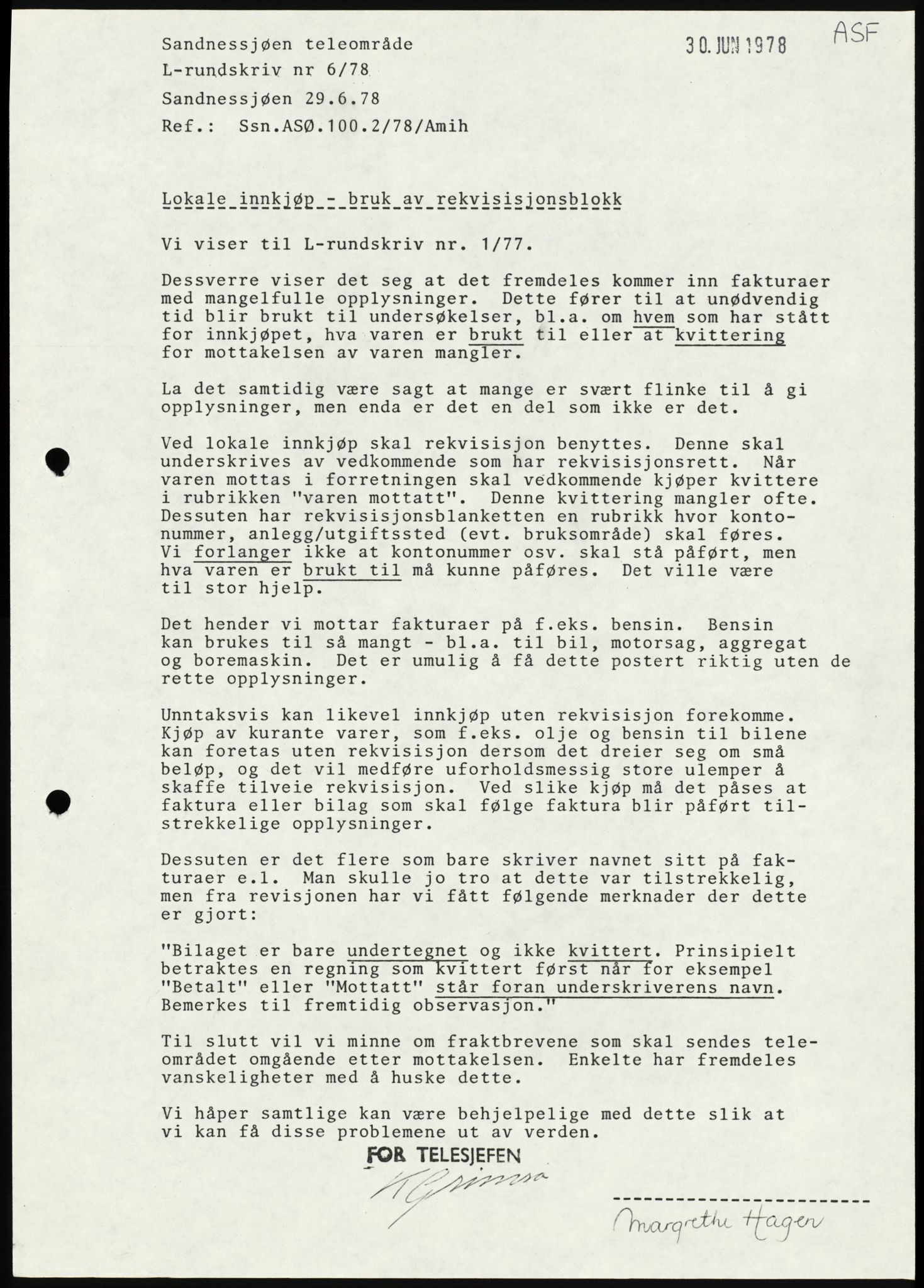 Televerket, Sandnessjøen teleområde, AV/SAT-A-5303/F/L0056: Lokale rundskriv (L-rundskriv), 1977-1995, p. 12