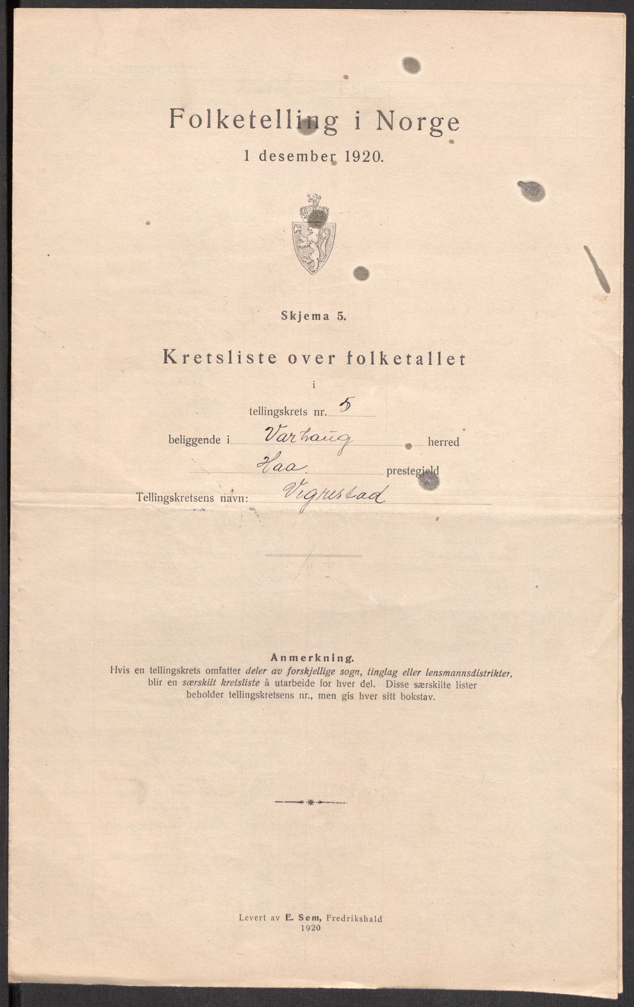 SAST, 1920 census for Varhaug, 1920, p. 19