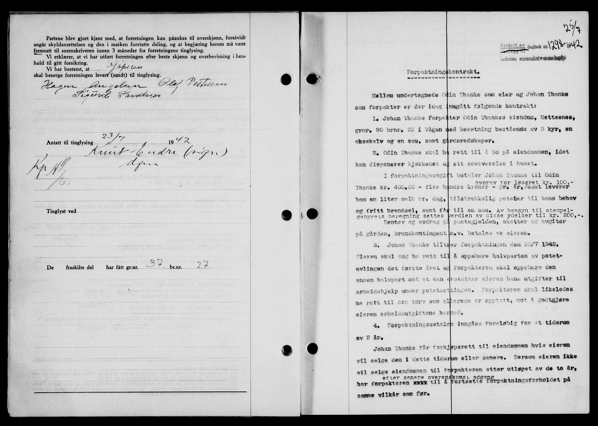Lofoten sorenskriveri, SAT/A-0017/1/2/2C/L0010a: Mortgage book no. 10a, 1942-1943, Diary no: : 1298/1942