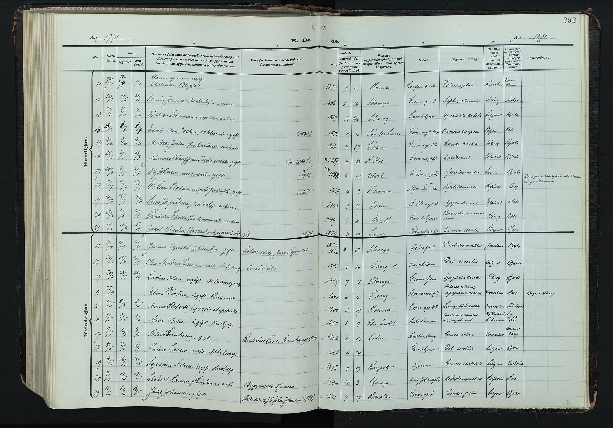 Hamar prestekontor, AV/SAH-DOMPH-002/H/Ha/Hab/L0004: Parish register (copy) no. 4, 1915-1942, p. 292