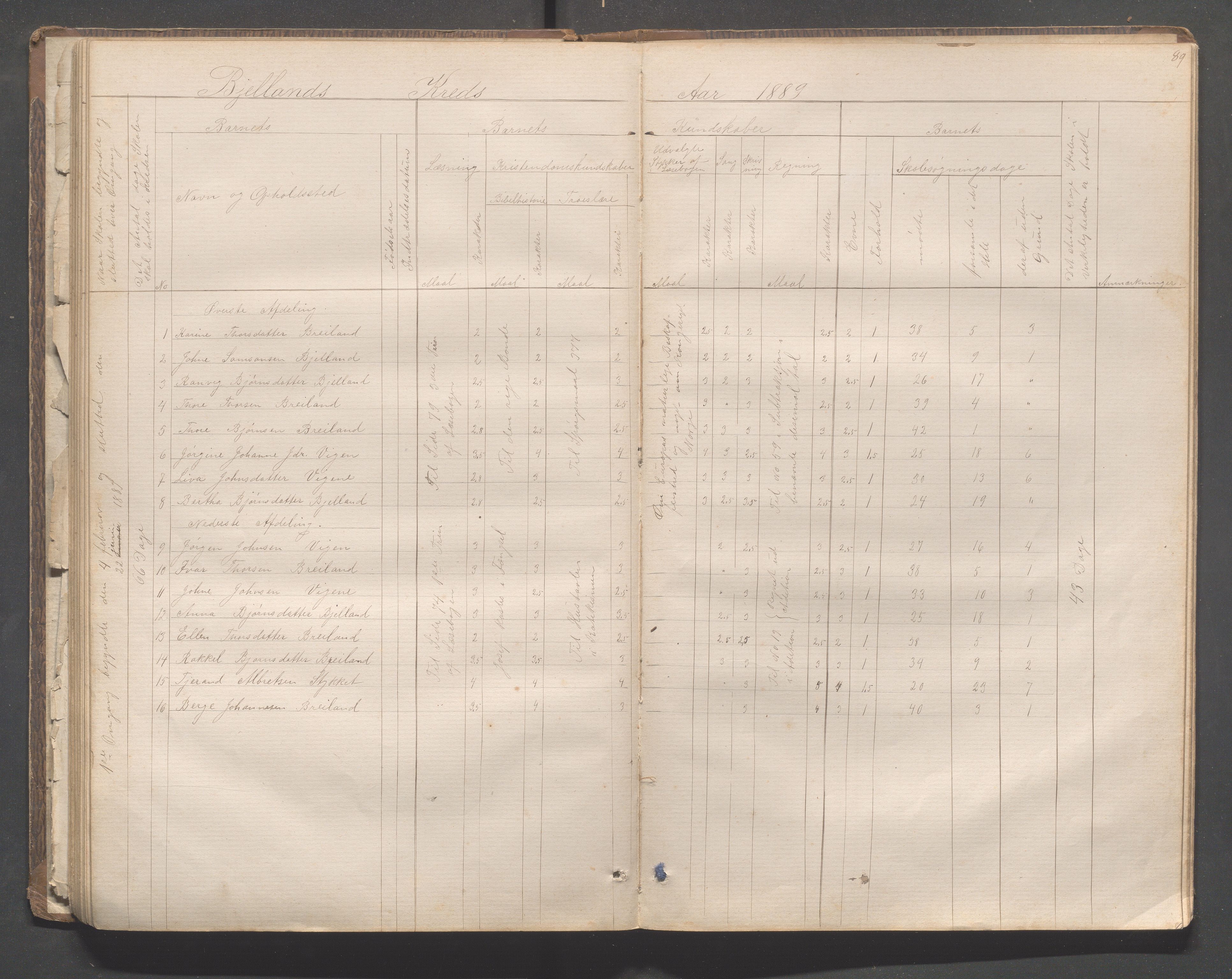 Hjelmeland kommune - Hjelmelandsbygda skulekrets, IKAR/K-102541/H/L0001: Skoleprotokoll - Hjelmelandsbygda, Hetland, Bjelland, 1873-1895, p. 89