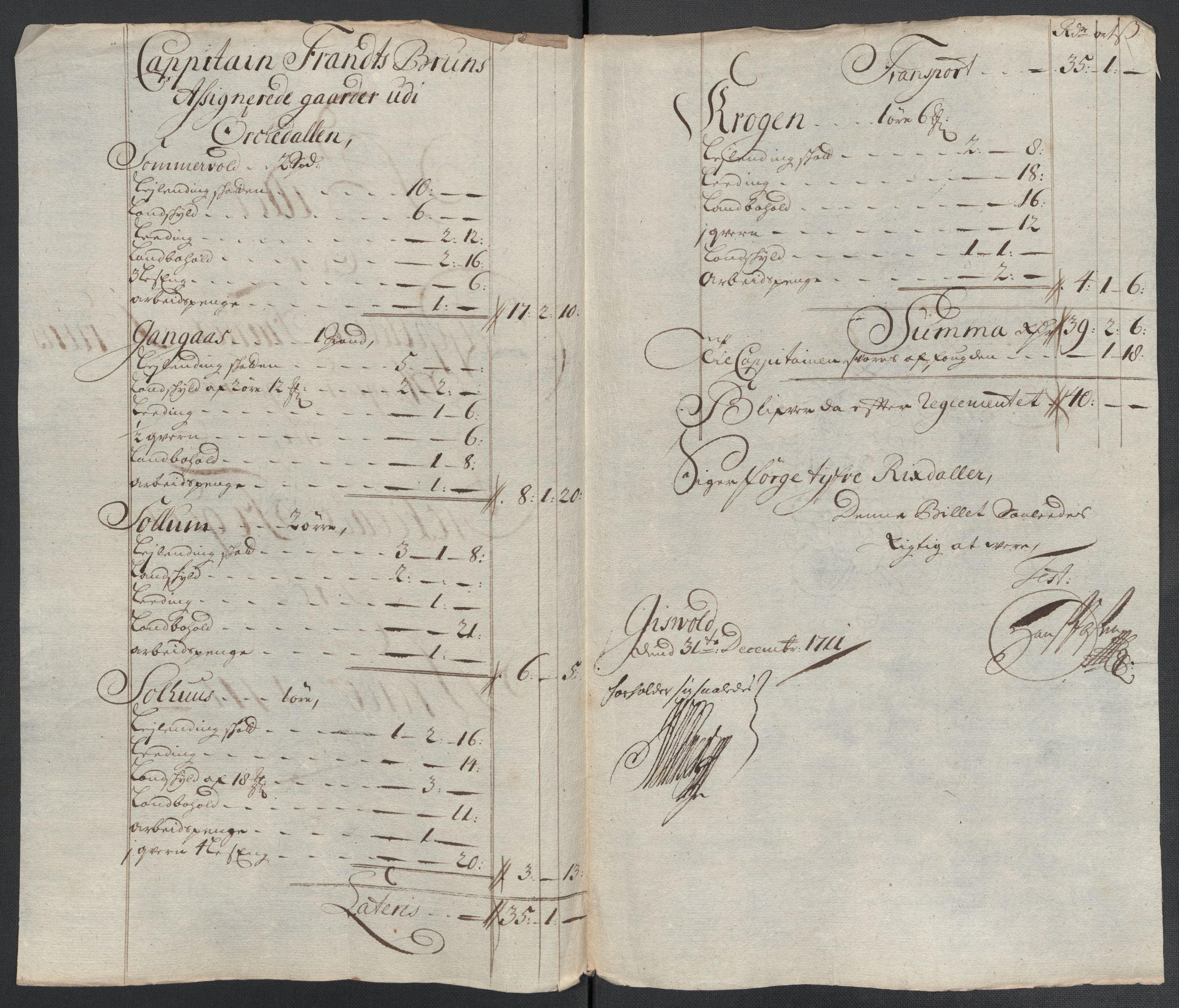 Rentekammeret inntil 1814, Reviderte regnskaper, Fogderegnskap, RA/EA-4092/R60/L3962: Fogderegnskap Orkdal og Gauldal, 1711, p. 242
