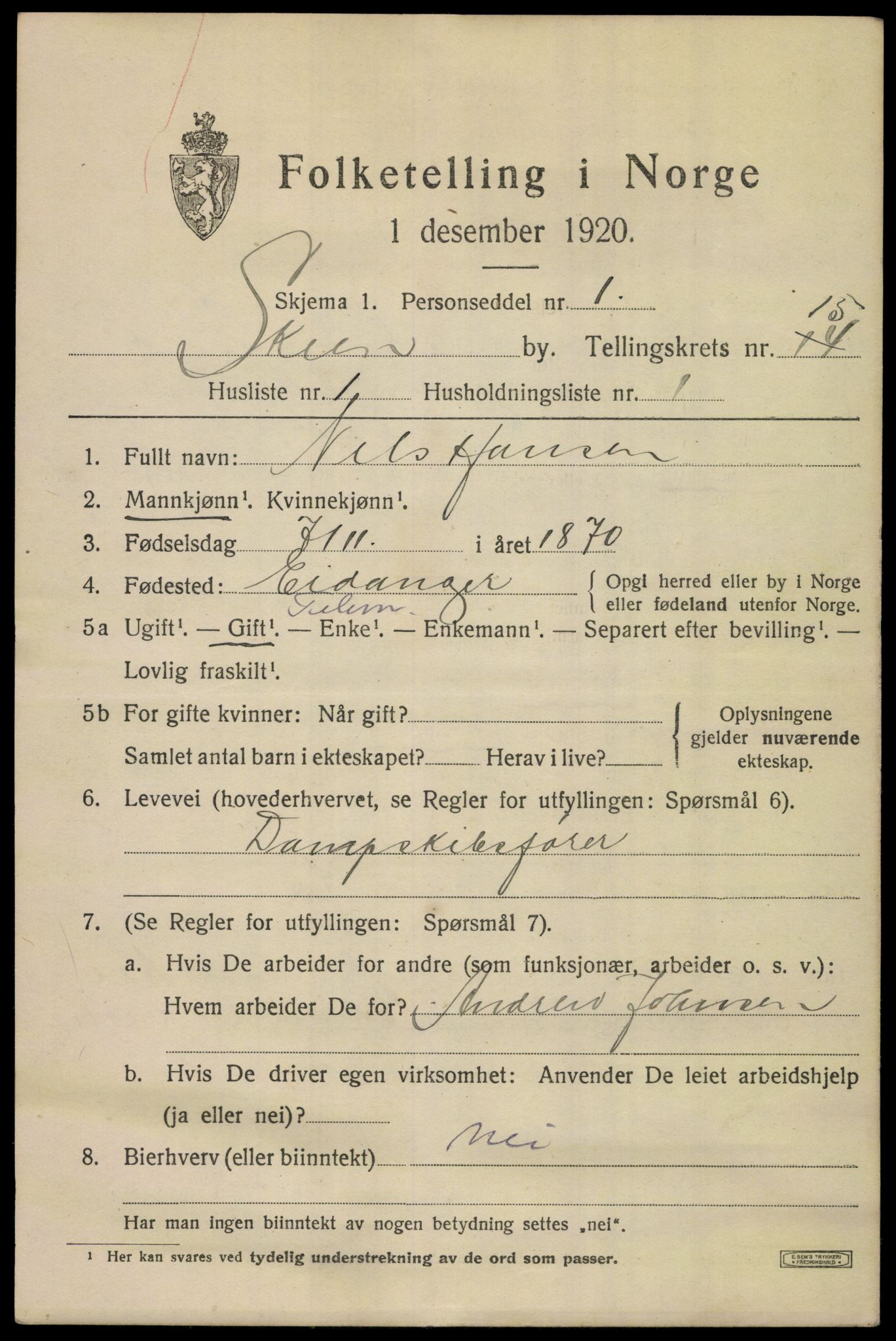 SAKO, 1920 census for Skien, 1920, p. 43536