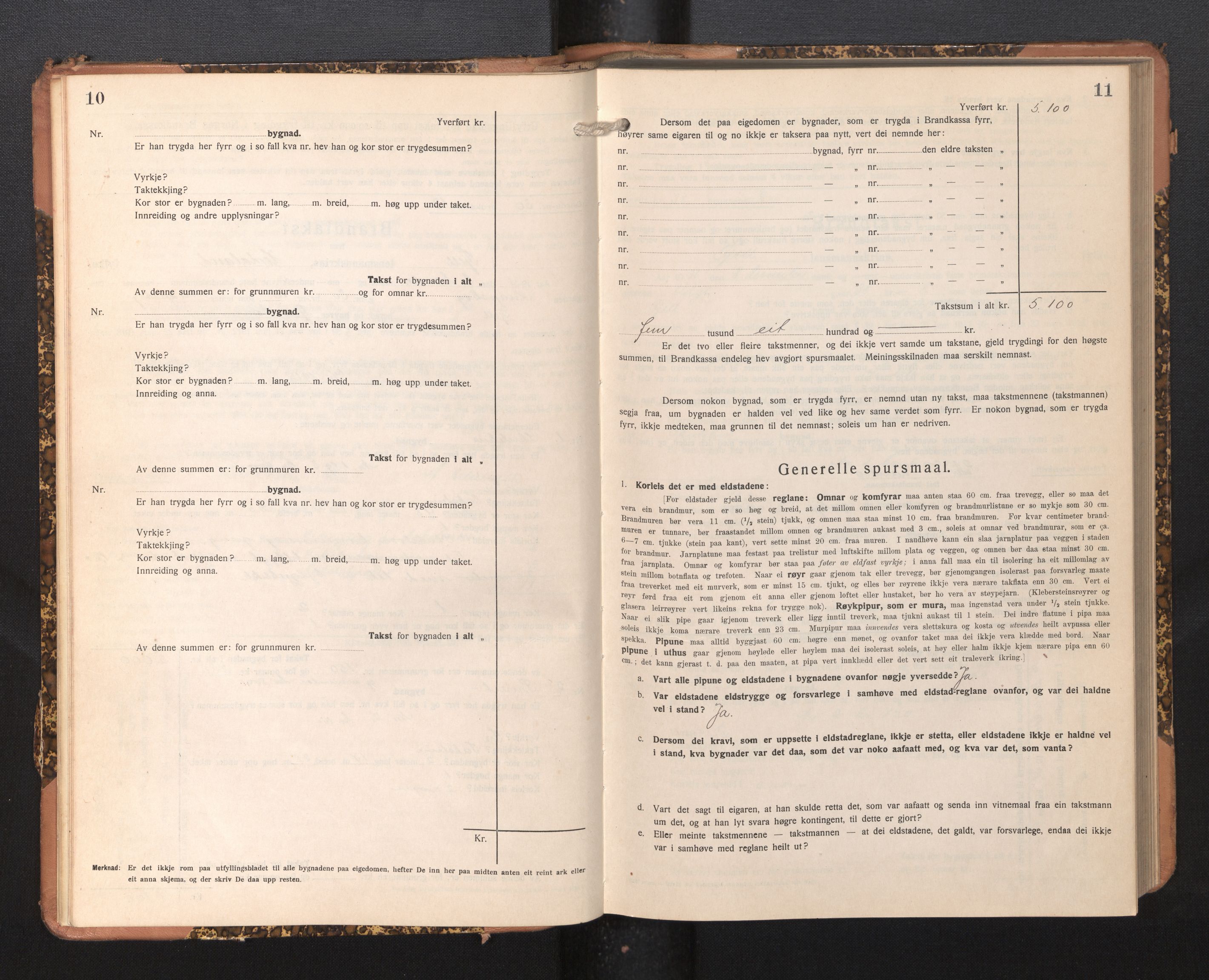 Lensmannen i Fjell, AV/SAB-A-32301/0012/L0006: Branntakstprotokoll, skjematakst, 1931-1945, p. 10-11