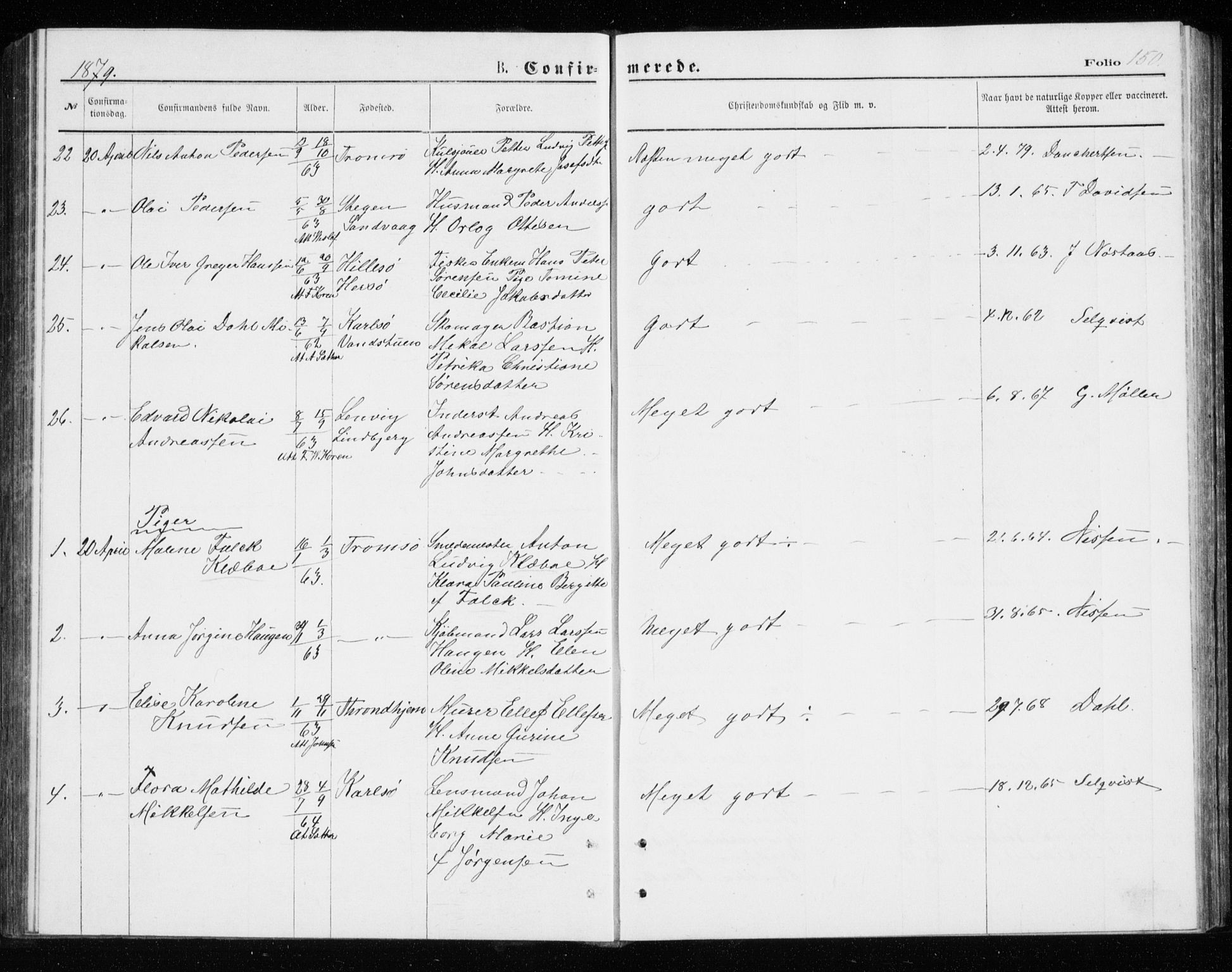 Tromsø sokneprestkontor/stiftsprosti/domprosti, SATØ/S-1343/G/Gb/L0008klokker: Parish register (copy) no. 8, 1875-1879, p. 150