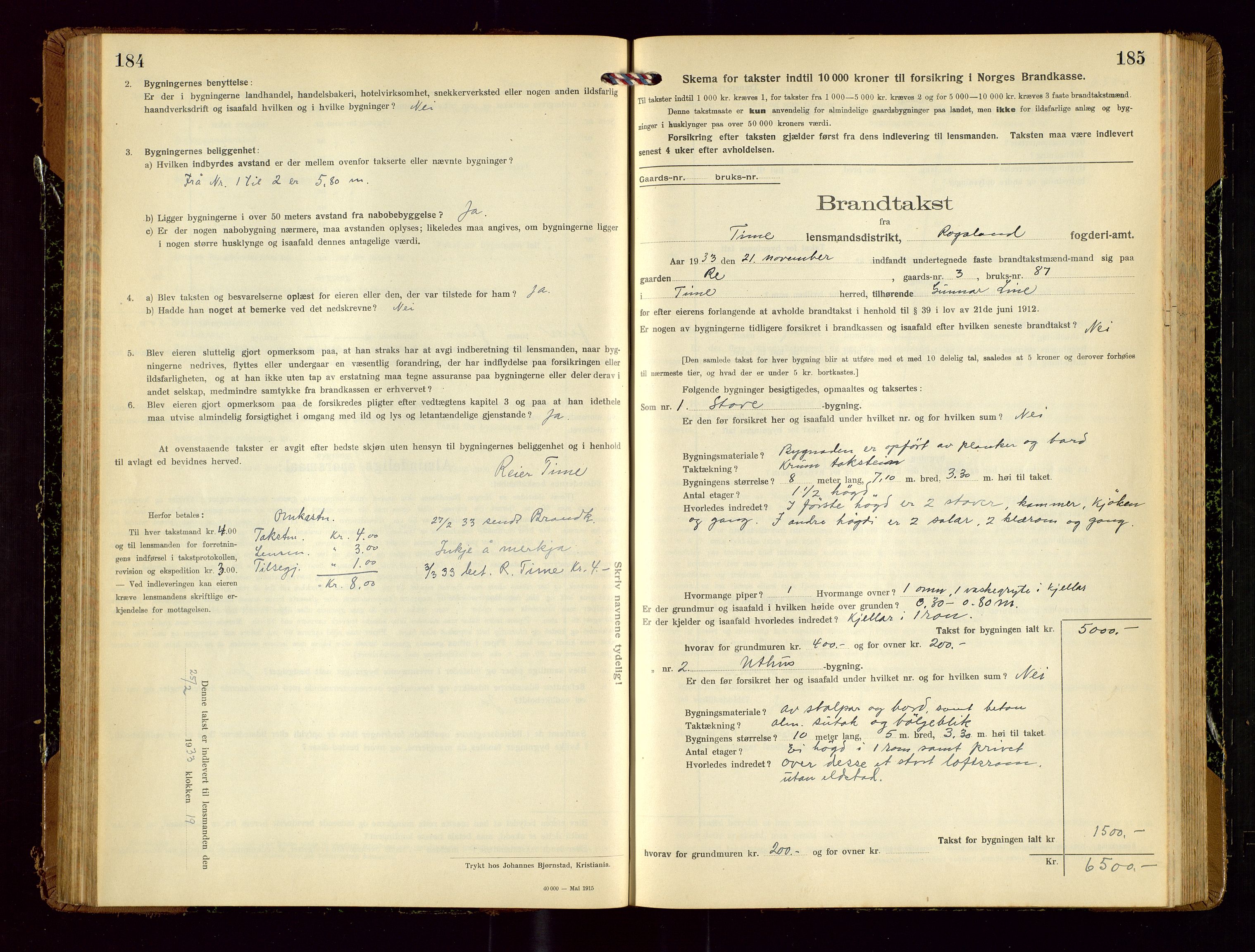 Time lensmannskontor, SAST/A-100420/Gob/L0002: Branntakstprotokoll, 1919-1952, p. 184-185
