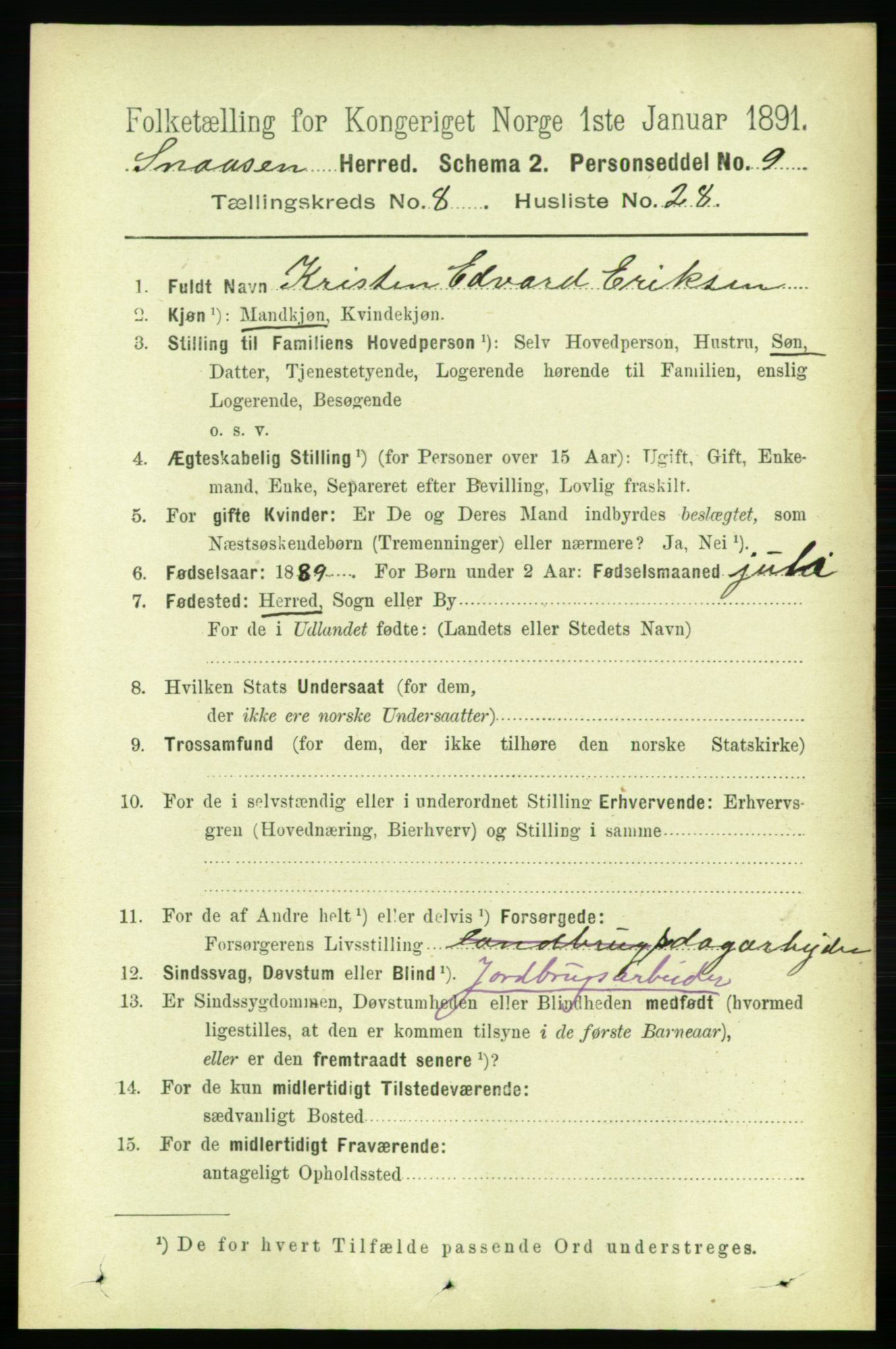 RA, 1891 census for 1736 Snåsa, 1891, p. 2885