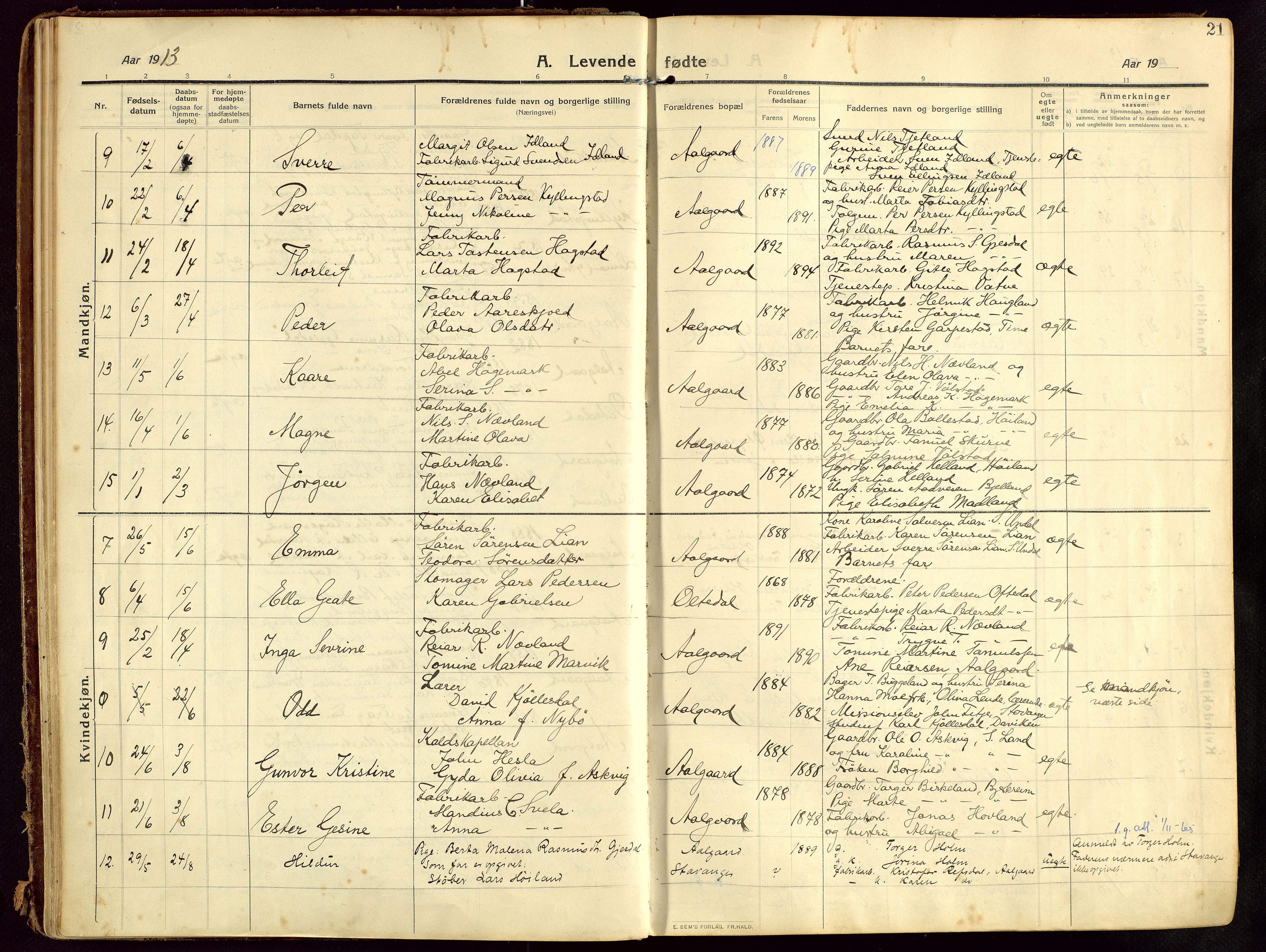 Lye sokneprestkontor, SAST/A-101794/002/B/L0001: Parish register (official) no. A 13, 1910-1925, p. 21