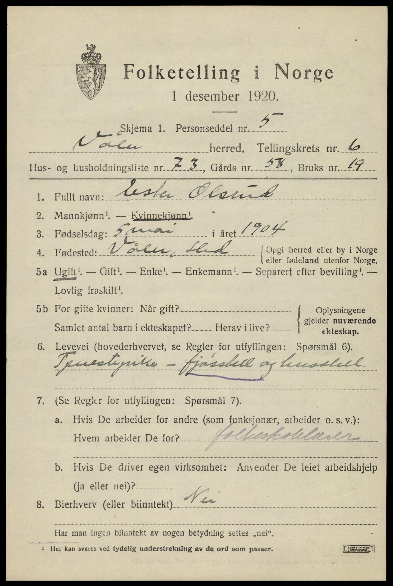 SAH, 1920 census for Våler (Hedmark), 1920, p. 7553