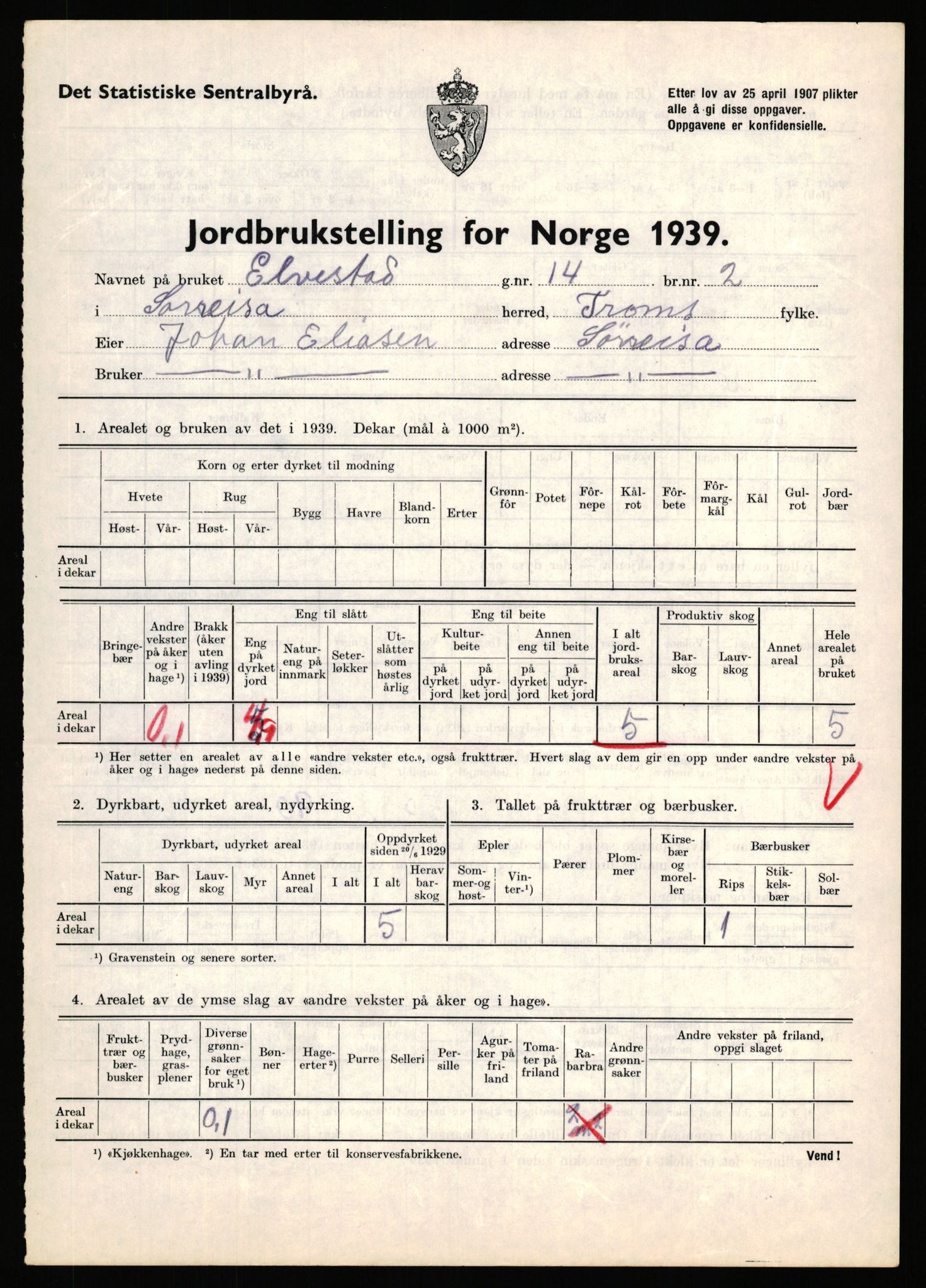 Statistisk sentralbyrå, Næringsøkonomiske emner, Jordbruk, skogbruk, jakt, fiske og fangst, AV/RA-S-2234/G/Gb/L0341: Troms: Sørreisa og Tranøy, 1939, p. 89