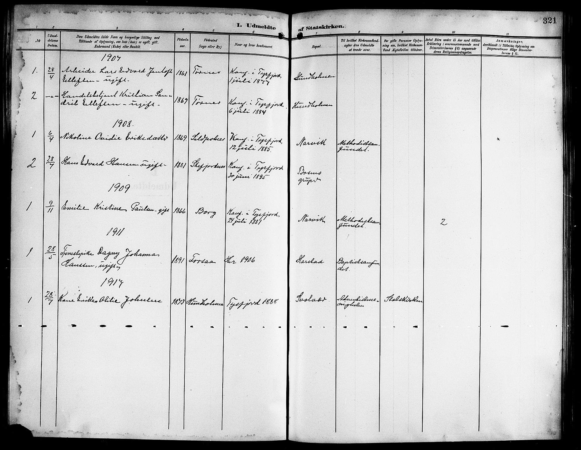 Ministerialprotokoller, klokkerbøker og fødselsregistre - Nordland, AV/SAT-A-1459/861/L0877: Parish register (copy) no. 861C03, 1903-1919, p. 321