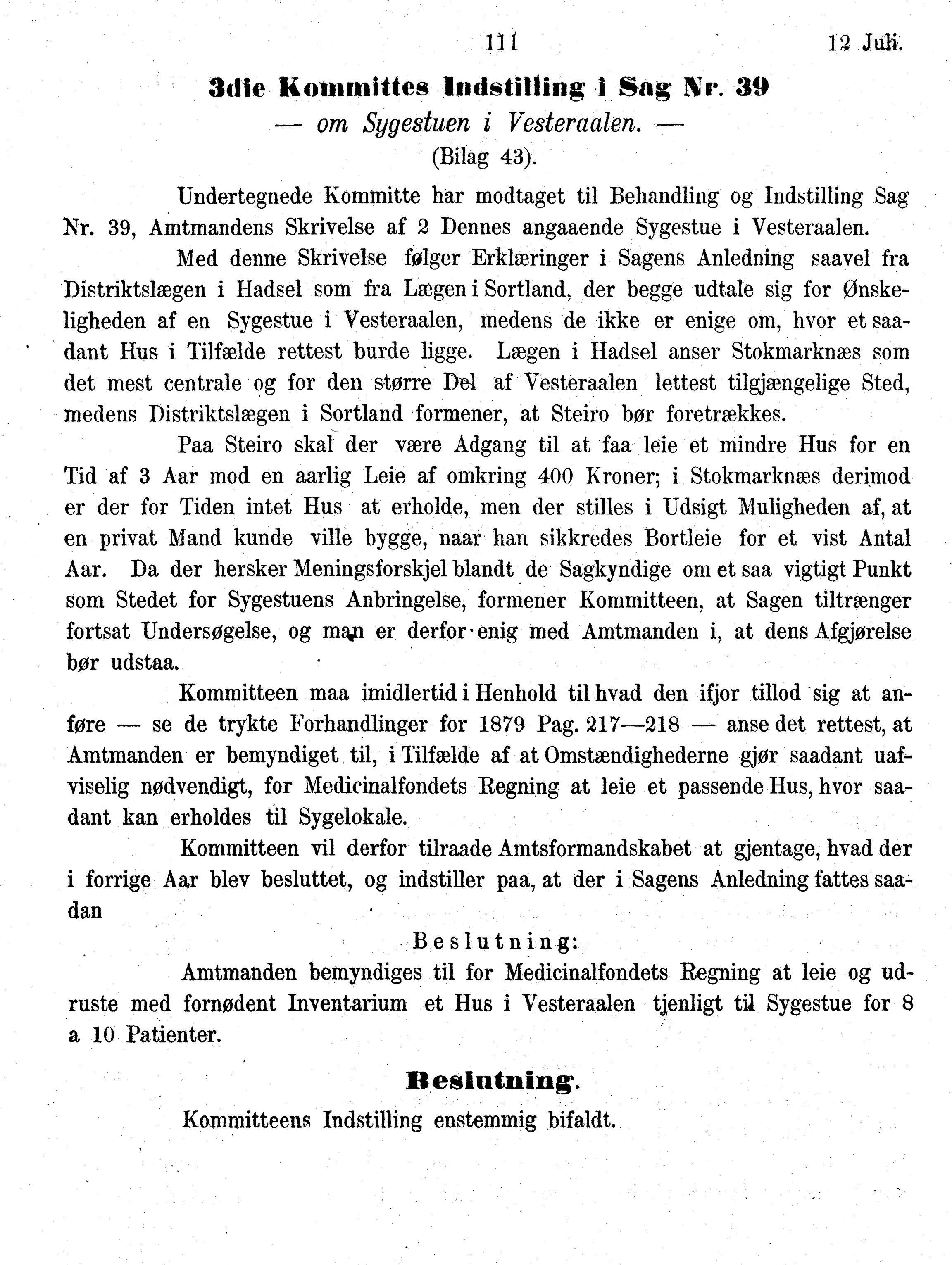 Nordland Fylkeskommune. Fylkestinget, AIN/NFK-17/176/A/Ac/L0010: Fylkestingsforhandlinger 1874-1880, 1874-1880