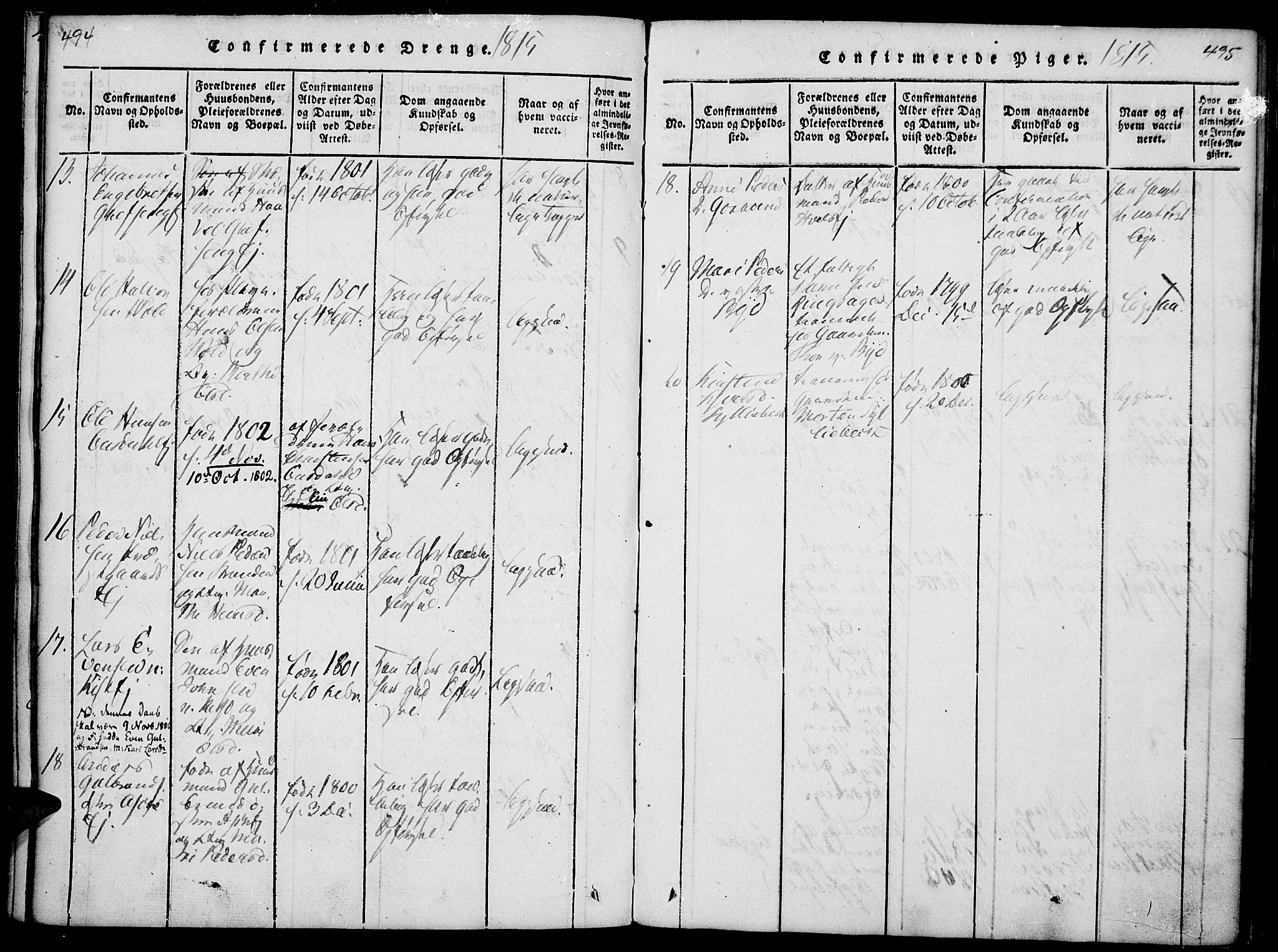 Nes prestekontor, Hedmark, AV/SAH-PREST-020/K/Ka/L0002: Parish register (official) no. 2, 1813-1827, p. 494-495