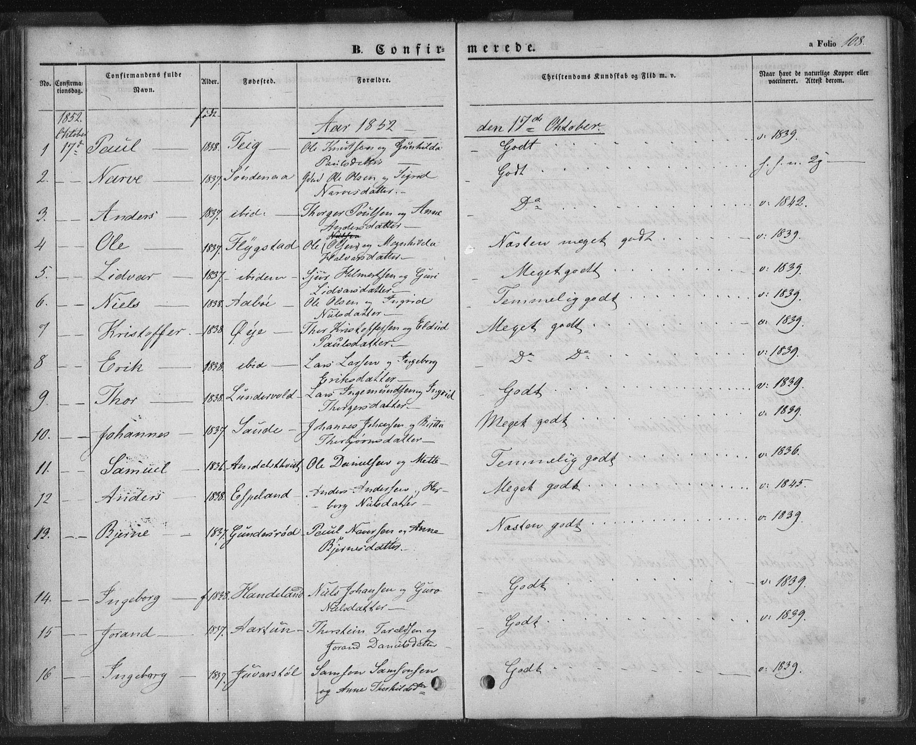 Sand sokneprestkontor, AV/SAST-A-101848/01/III/L0002: Parish register (official) no. A 2, 1838-1859, p. 108