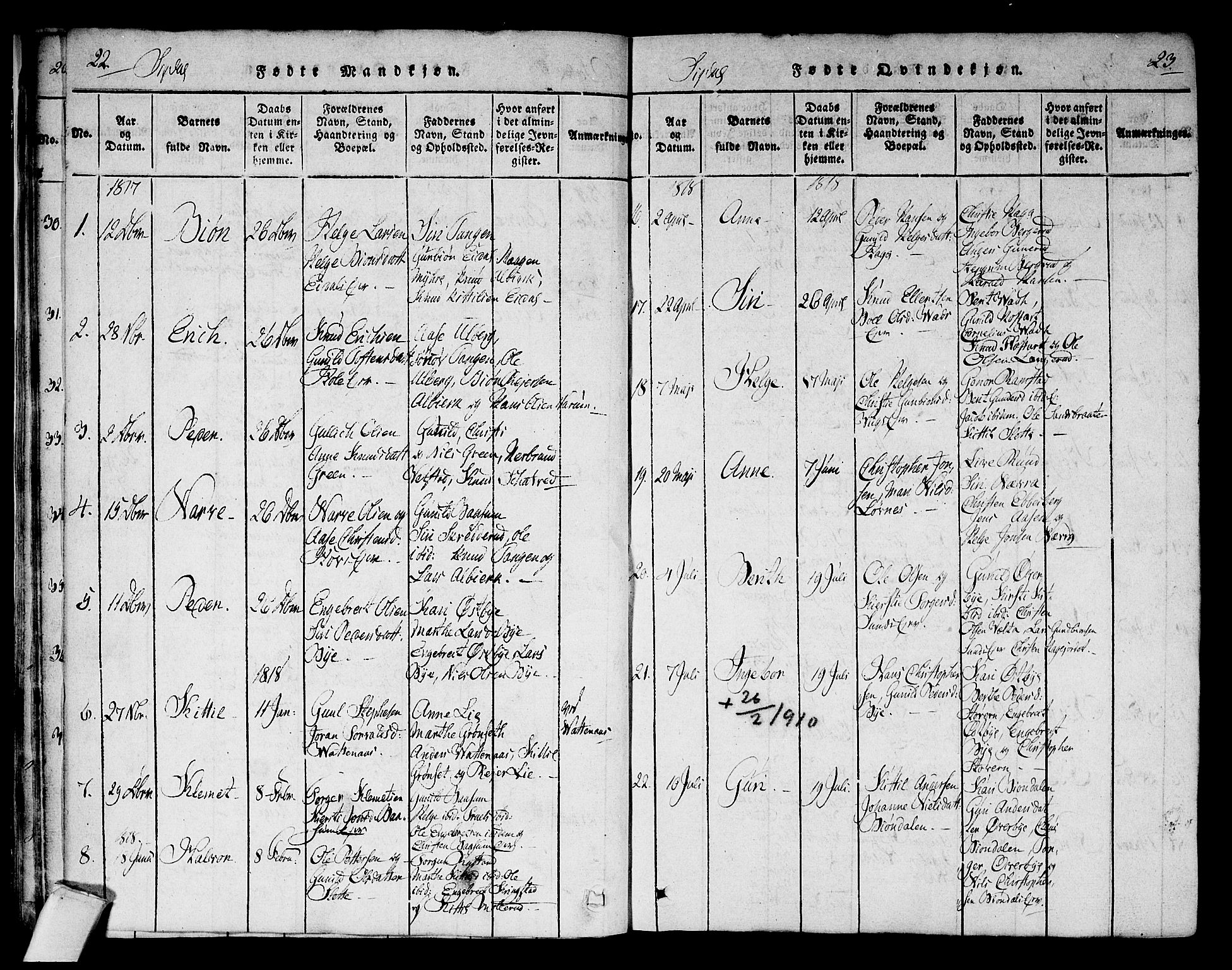 Sigdal kirkebøker, AV/SAKO-A-245/F/Fa/L0005: Parish register (official) no. I 5 /1, 1815-1829, p. 22-23