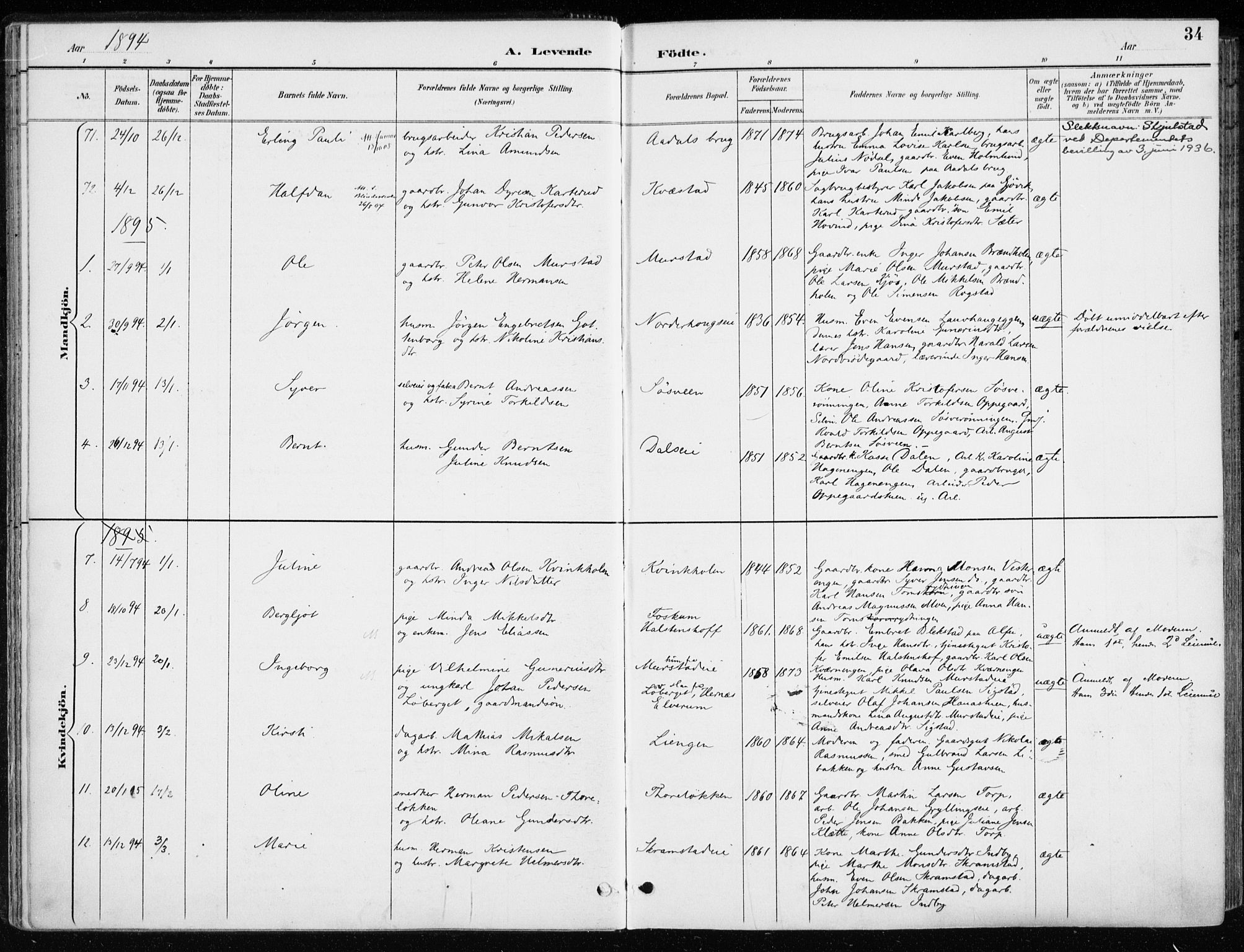 Løten prestekontor, AV/SAH-PREST-022/K/Ka/L0010: Parish register (official) no. 10, 1892-1907, p. 34