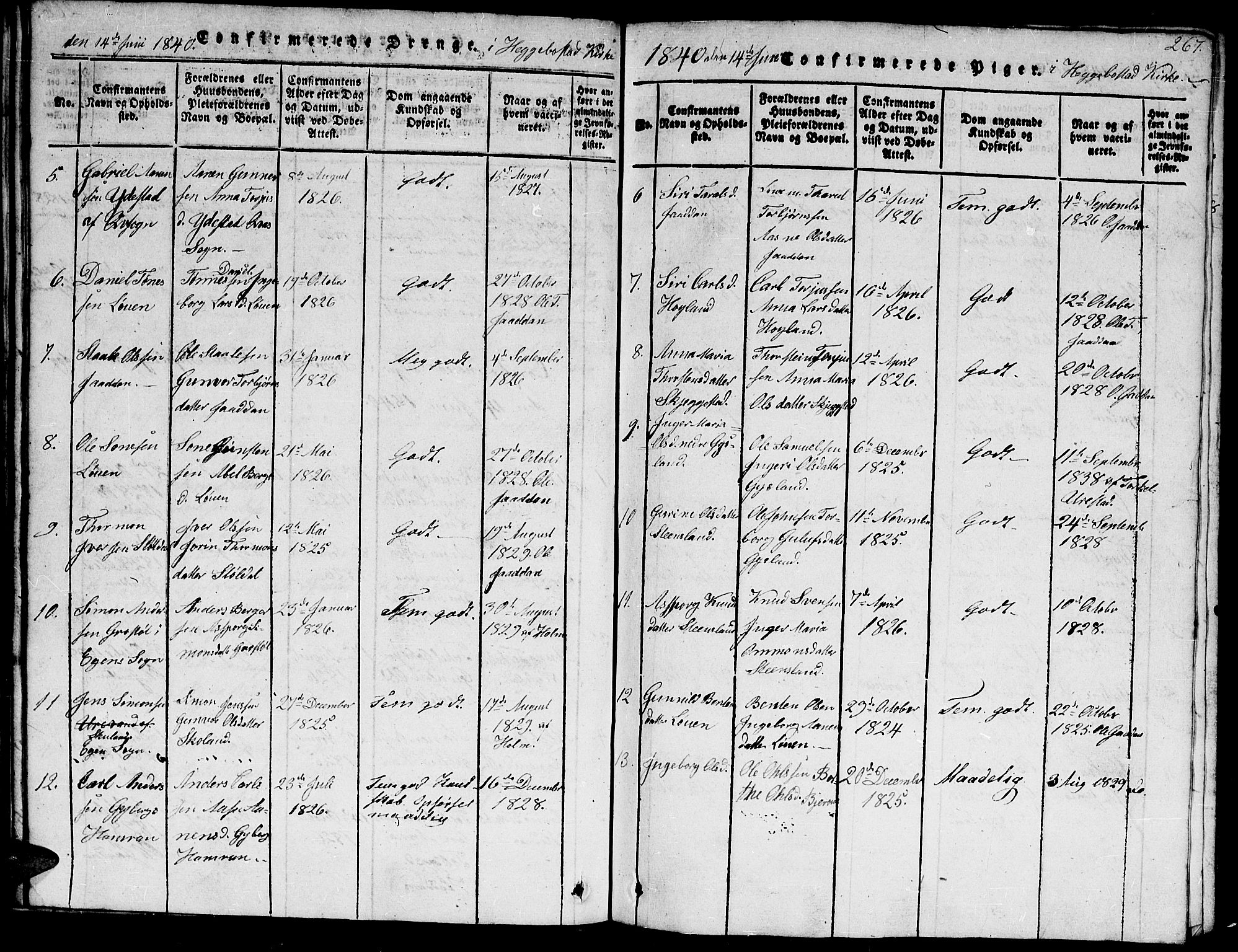 Hægebostad sokneprestkontor, AV/SAK-1111-0024/F/Fb/Fba/L0001: Parish register (copy) no. B 1, 1815-1844, p. 267