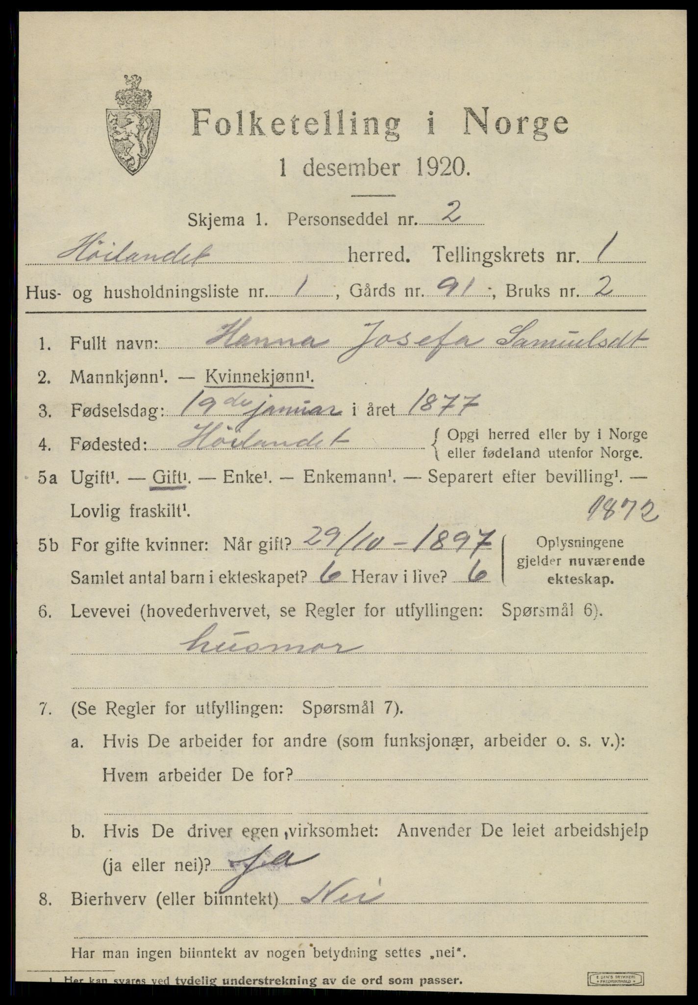 SAT, 1920 census for Høylandet, 1920, p. 456