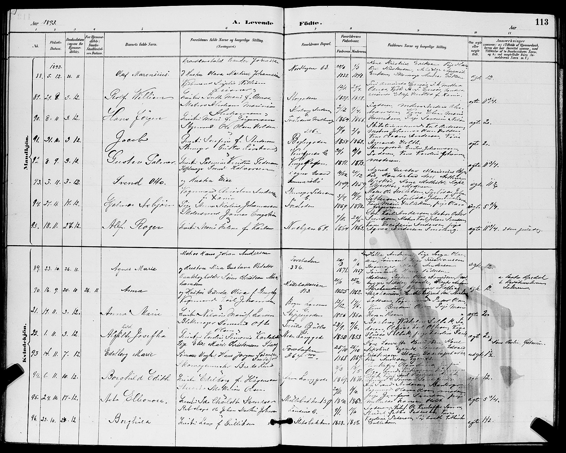 Tønsberg kirkebøker, AV/SAKO-A-330/G/Ga/L0006: Parish register (copy) no. 6, 1885-1895, p. 113