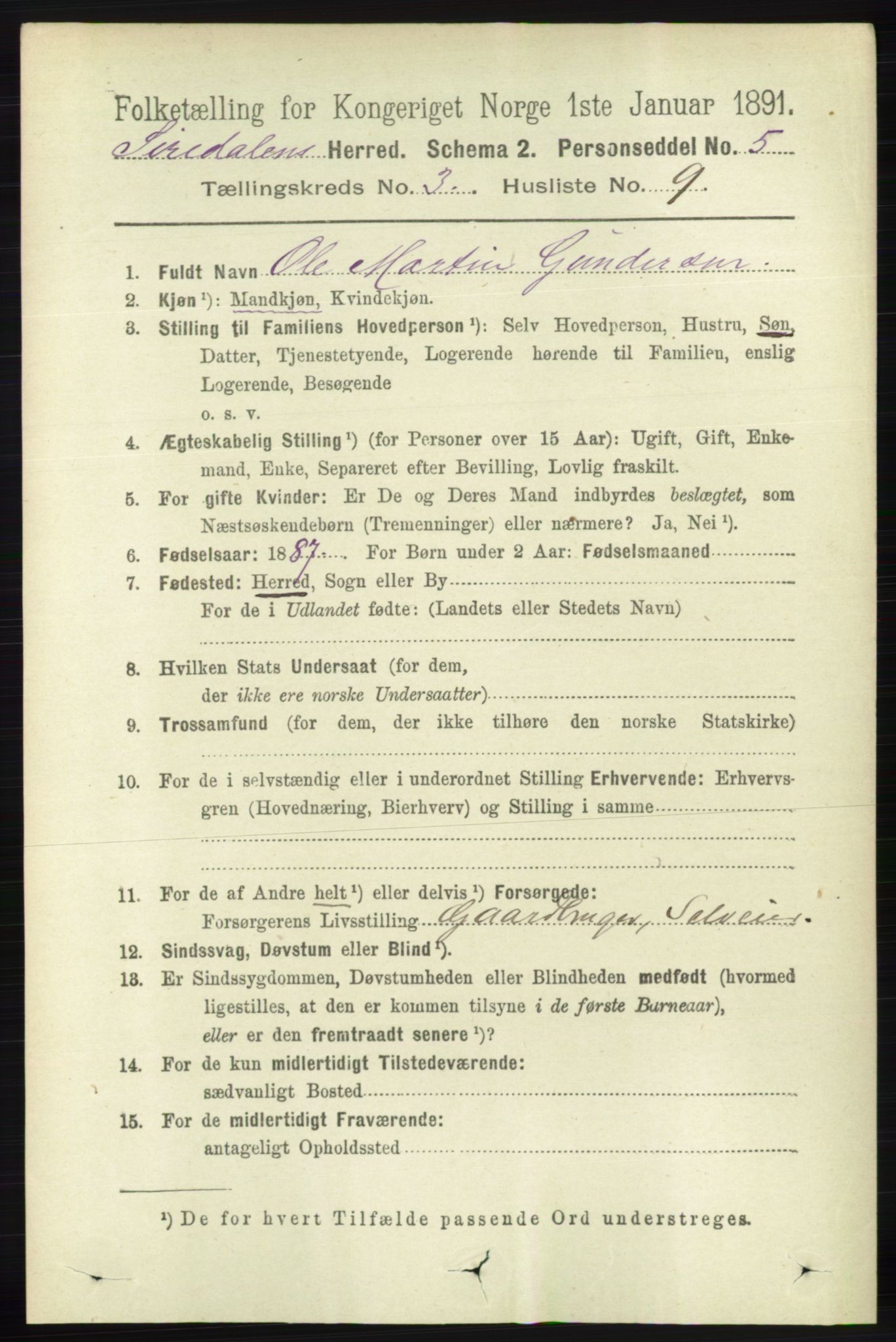 RA, 1891 census for 1046 Sirdal, 1891, p. 720