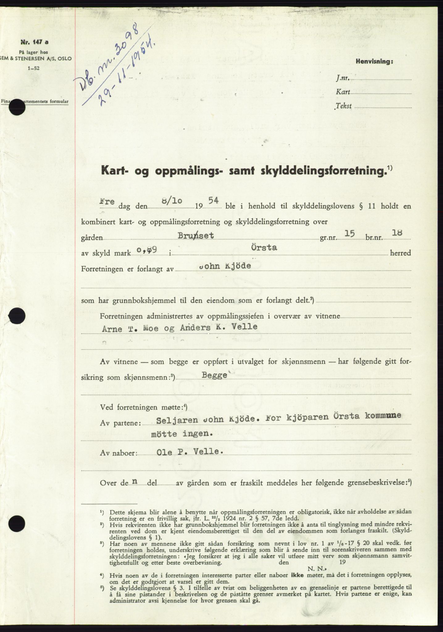 Søre Sunnmøre sorenskriveri, AV/SAT-A-4122/1/2/2C/L0099: Mortgage book no. 25A, 1954-1954, Diary no: : 3098/1954