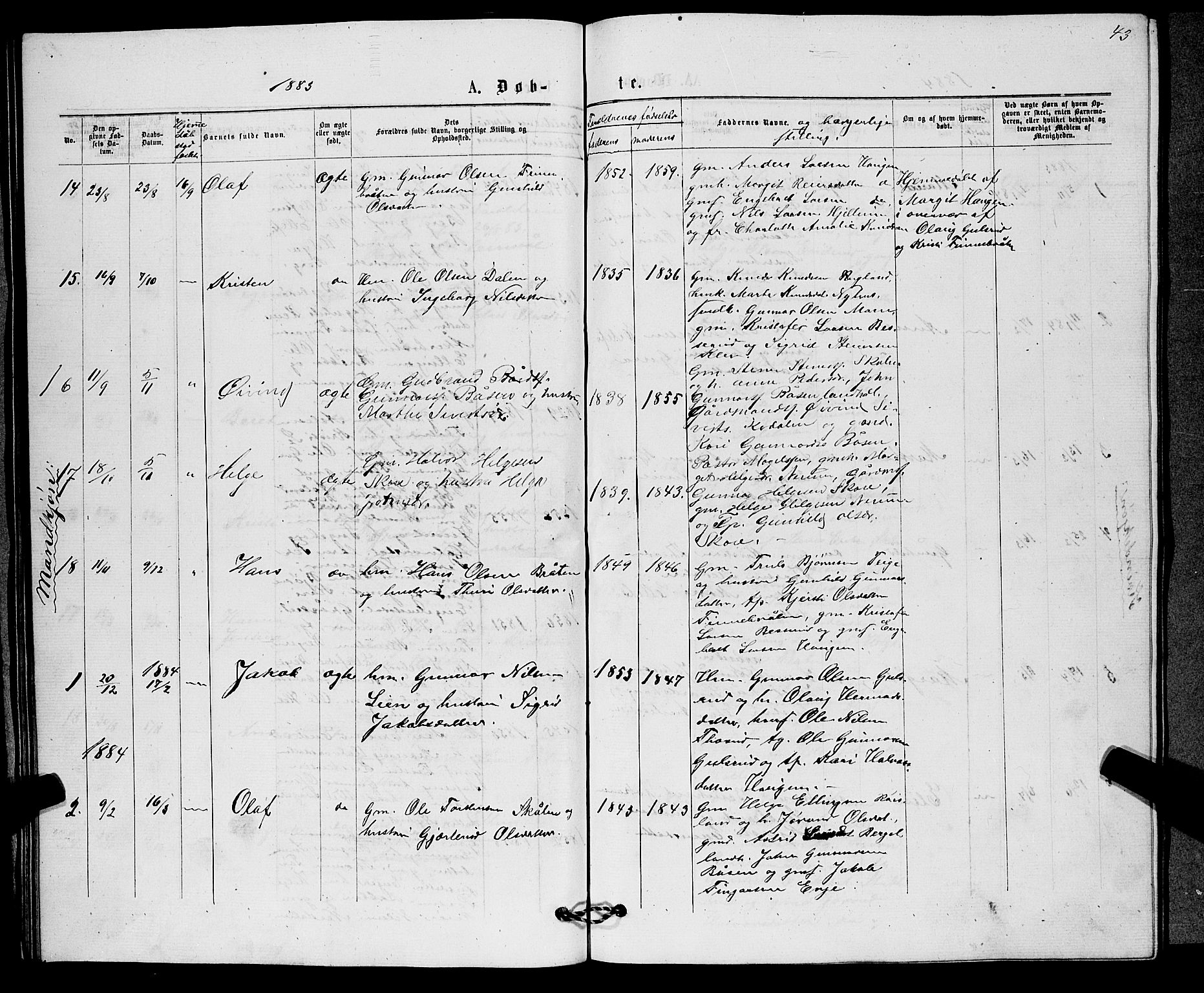 Sigdal kirkebøker, AV/SAKO-A-245/G/Gb/L0002: Parish register (copy) no. II 2, 1875-1900, p. 43