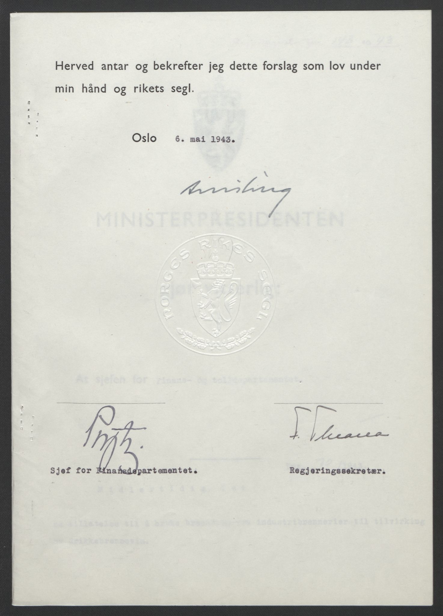 NS-administrasjonen 1940-1945 (Statsrådsekretariatet, de kommisariske statsråder mm), RA/S-4279/D/Db/L0099: Lover, 1943, p. 323