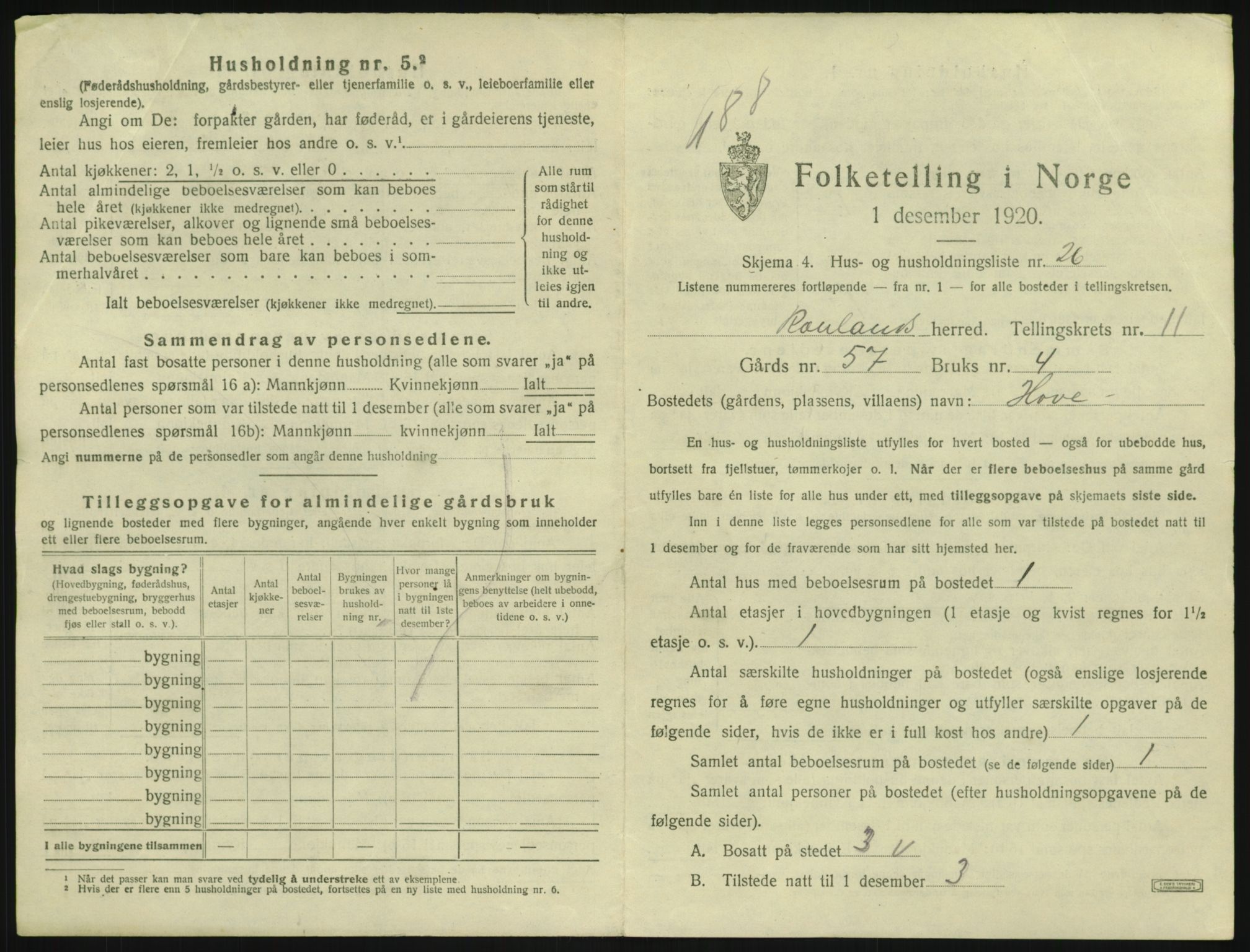 SAKO, 1920 census for Rauland, 1920, p. 466