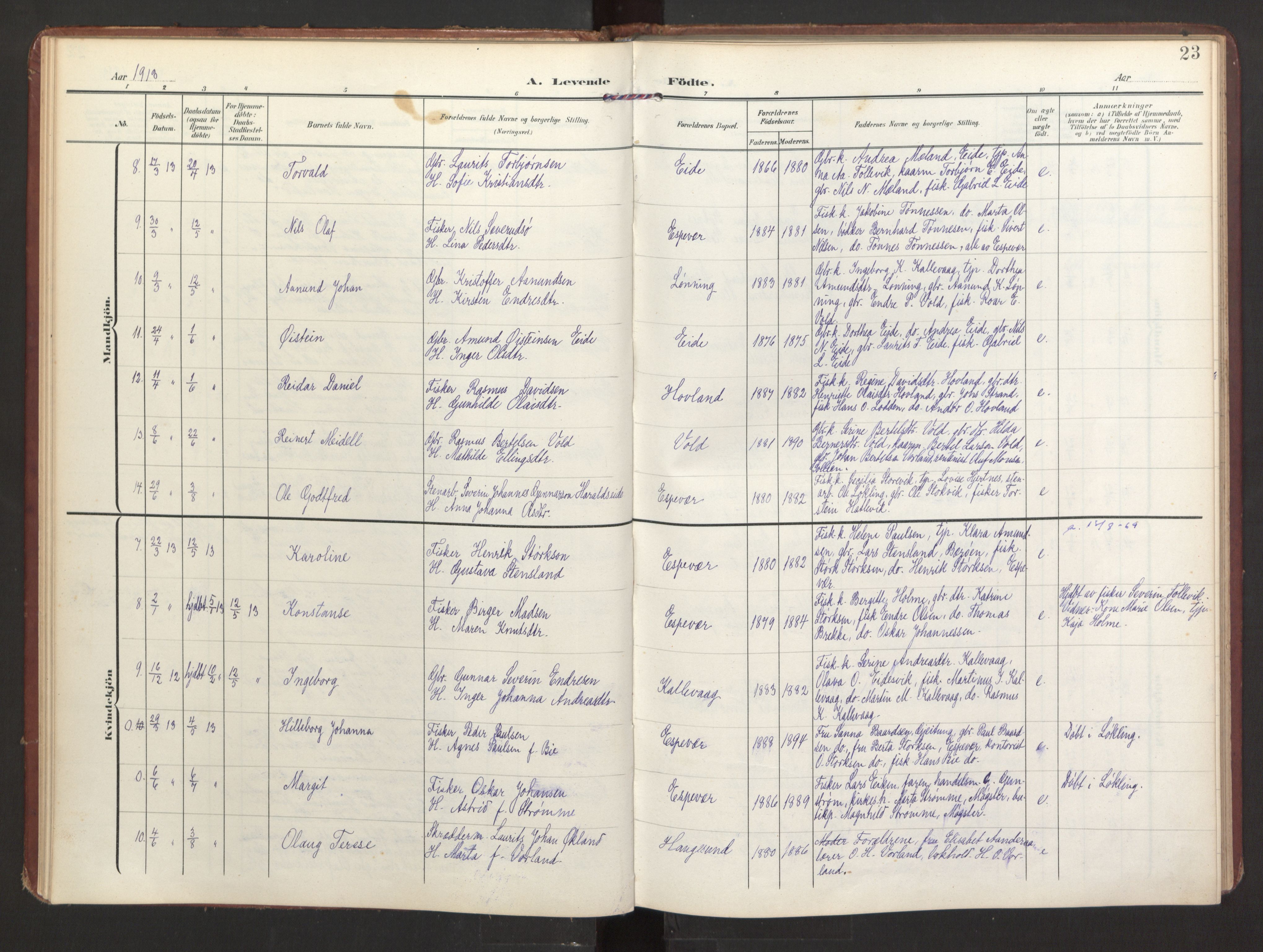 Finnås sokneprestembete, AV/SAB-A-99925/H/Ha/Haa/Haad/L0003: Parish register (official) no. D 3, 1907-1921, p. 23