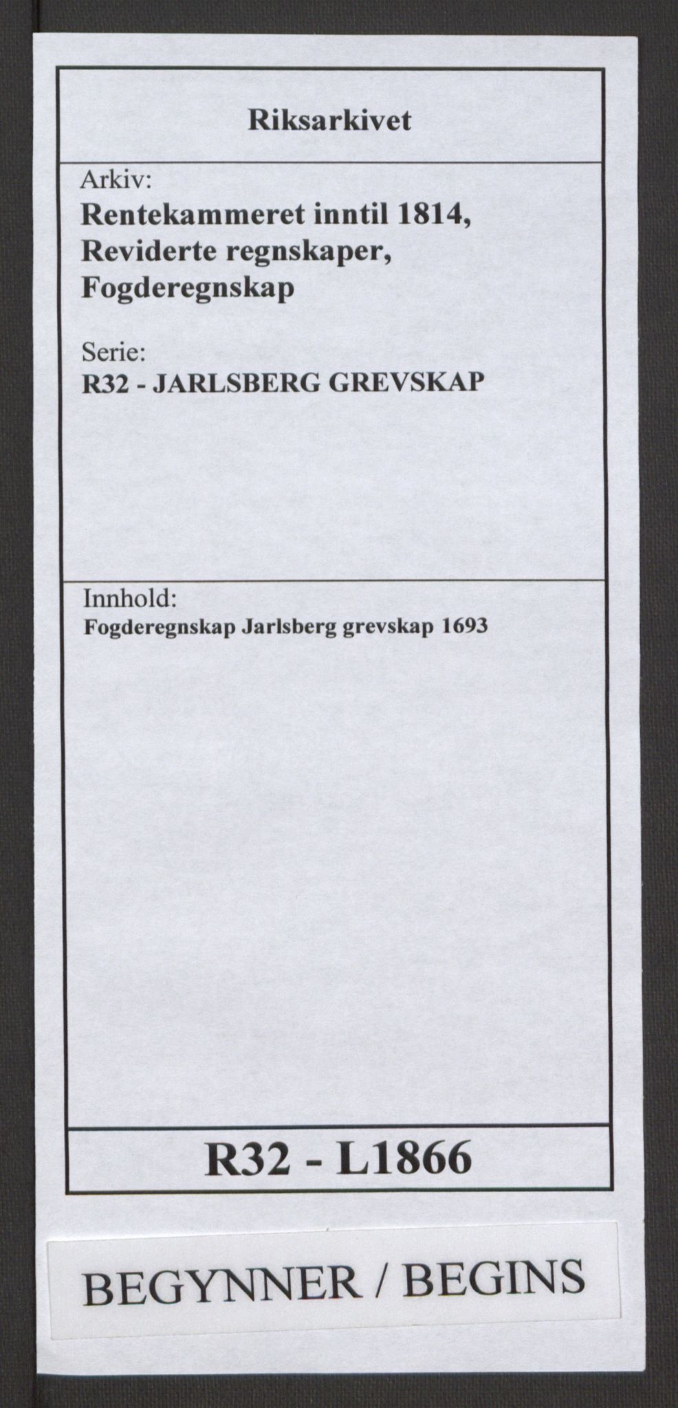 Rentekammeret inntil 1814, Reviderte regnskaper, Fogderegnskap, AV/RA-EA-4092/R32/L1866: Fogderegnskap Jarlsberg grevskap, 1693, p. 1