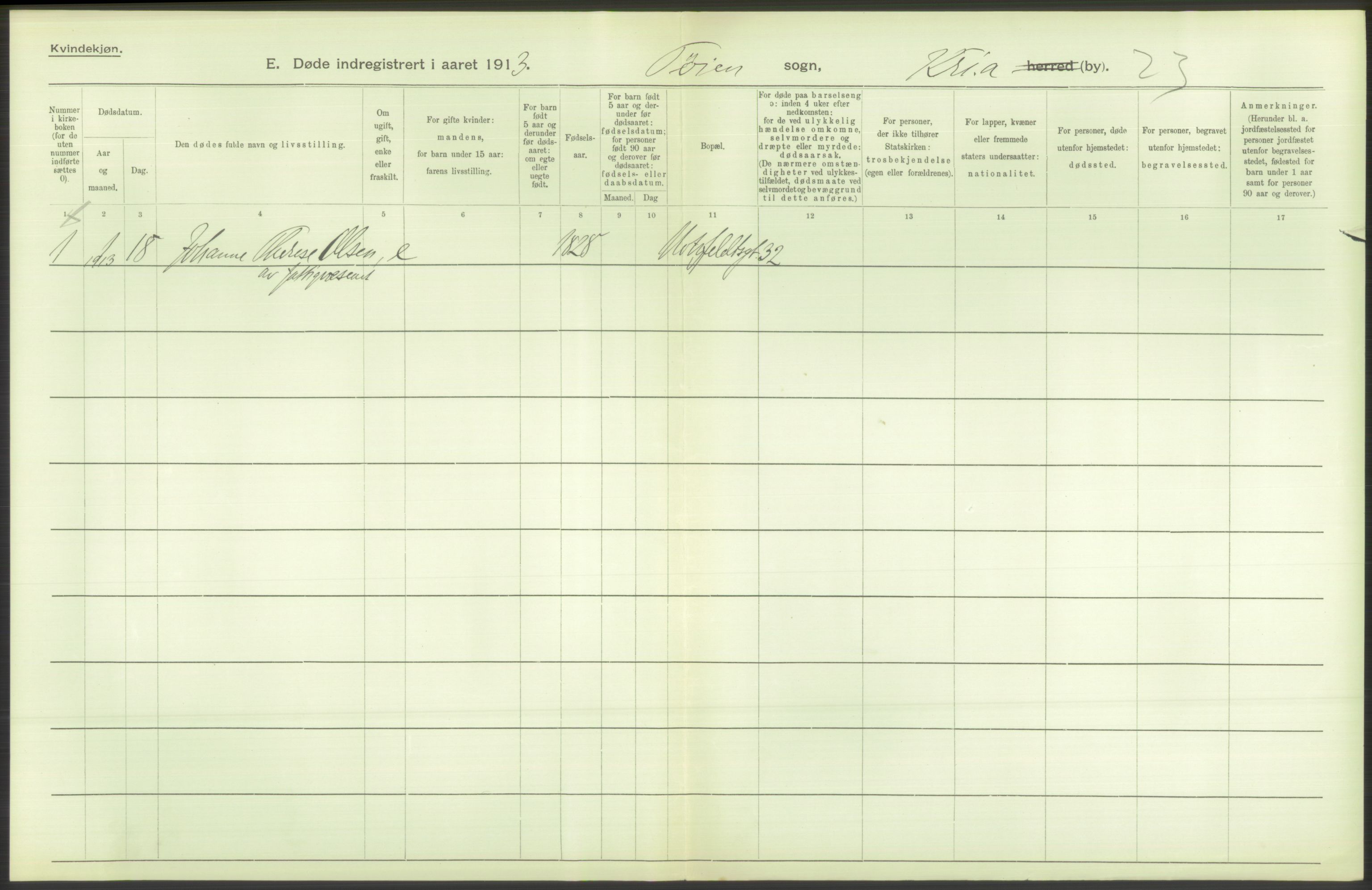 Statistisk sentralbyrå, Sosiodemografiske emner, Befolkning, RA/S-2228/D/Df/Dfb/Dfbc/L0010: Kristiania: Døde, dødfødte., 1913, p. 416