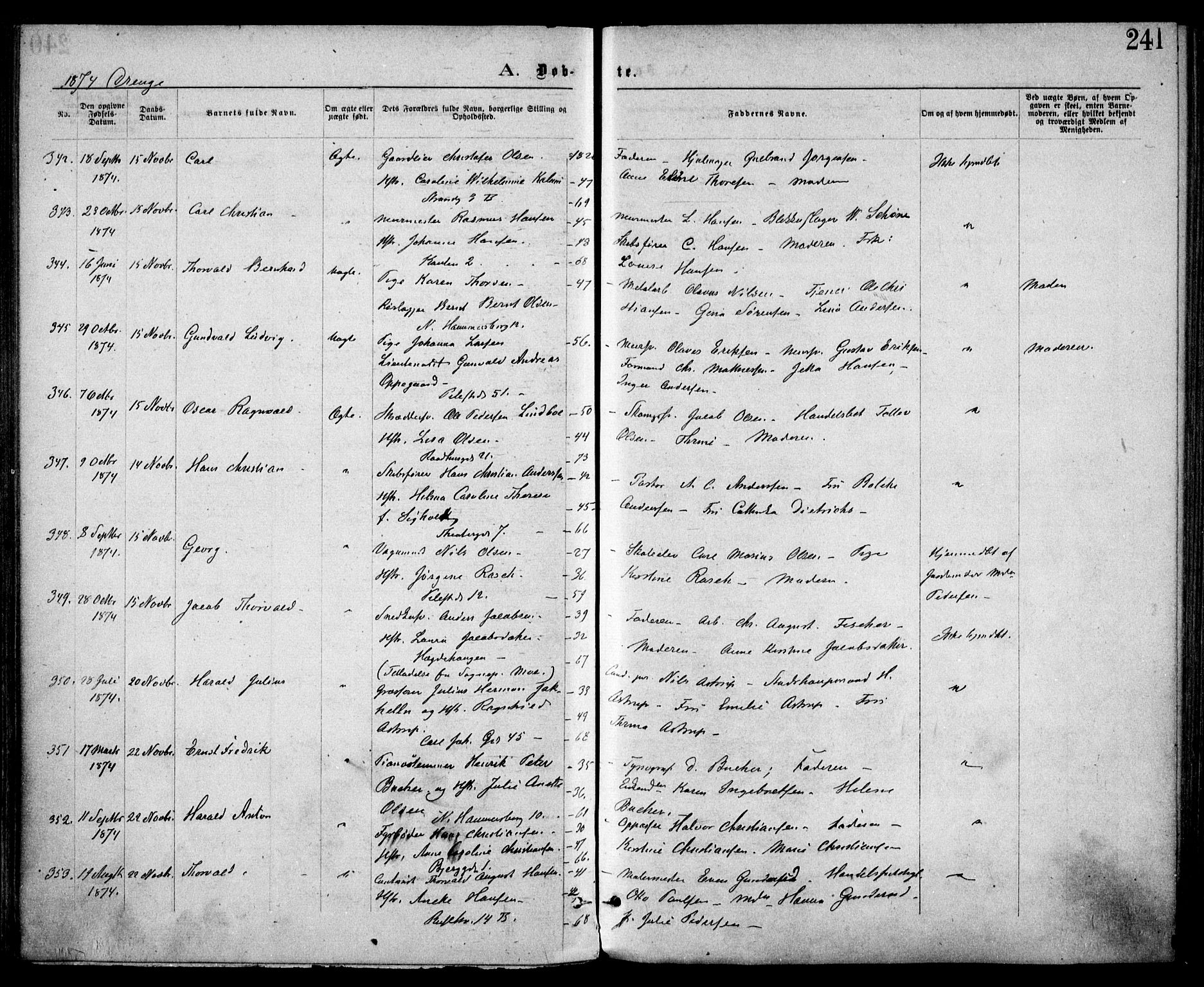 Trefoldighet prestekontor Kirkebøker, SAO/A-10882/F/Fa/L0003: Parish register (official) no. I 3, 1870-1876, p. 241